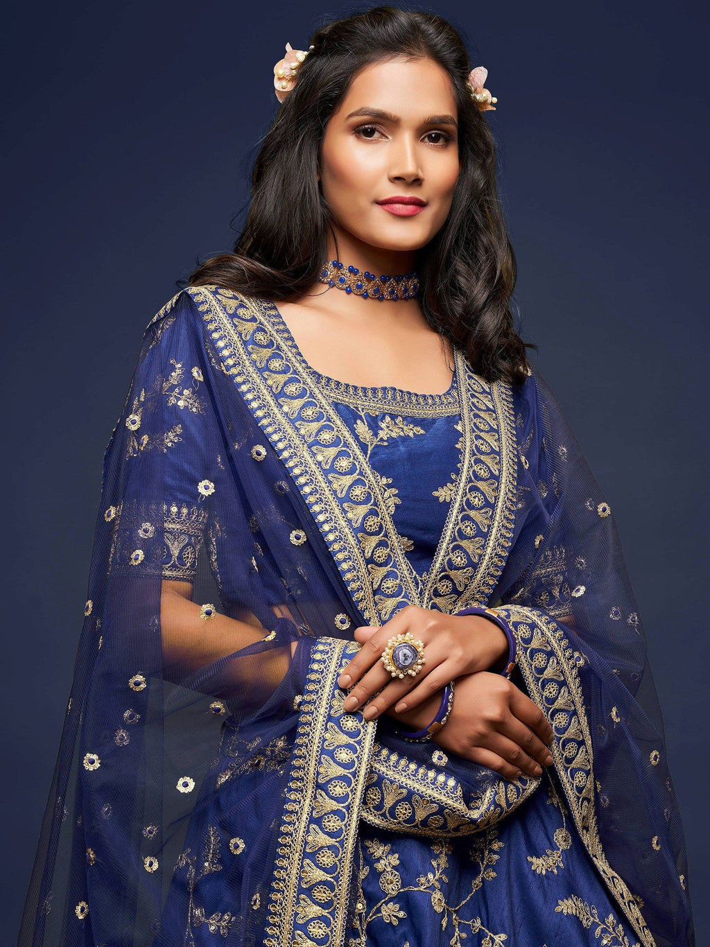 Glowing Blue Embroidered Silk Engagement Wear Plus Size Lehenga Choli