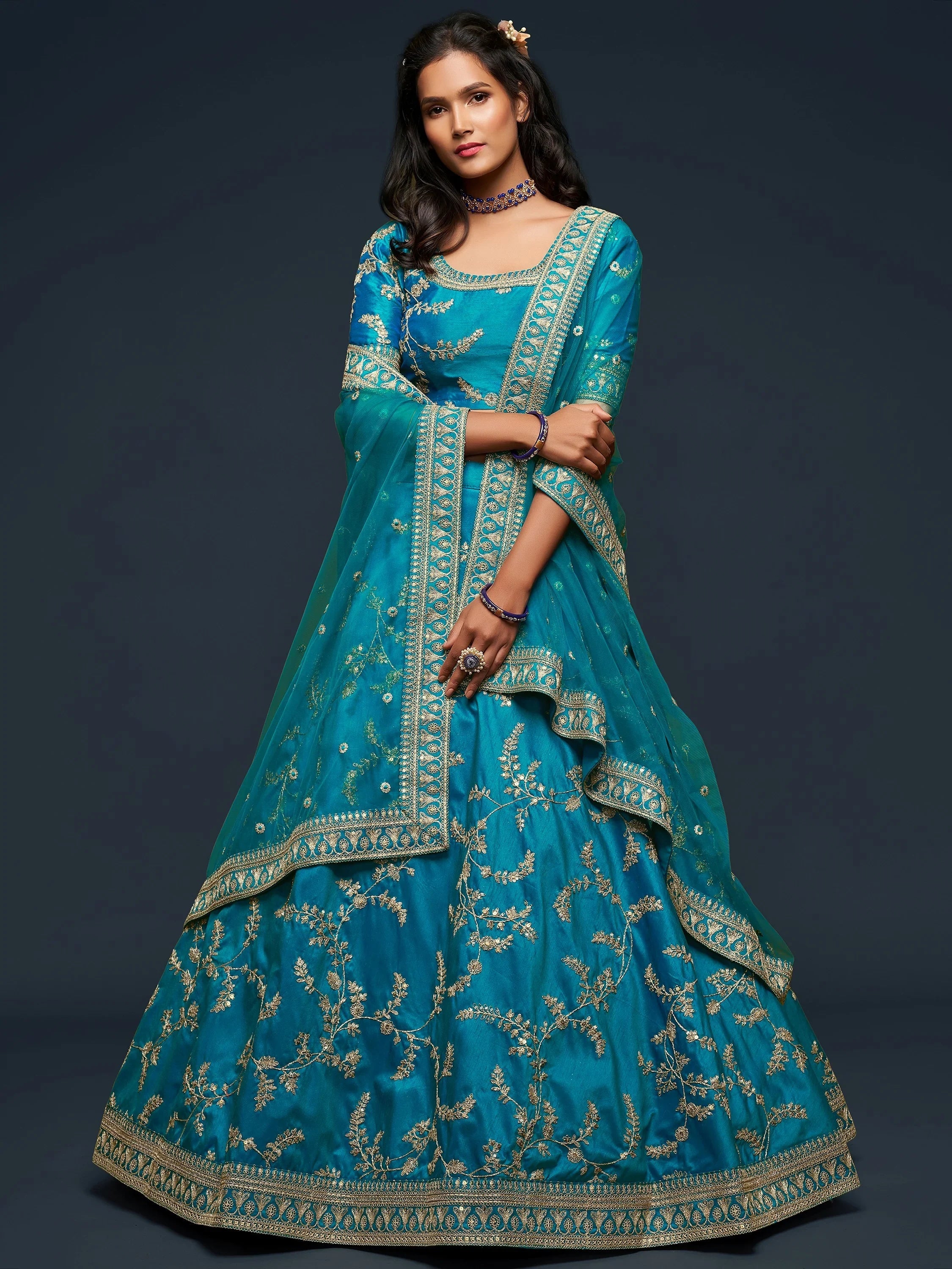 Blue Thread Embroidery Art Silk Wedding Wear Lehenga Choli