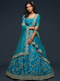 Teal Thread Embroidery Art Silk Wedding Wear Lehenga Choli