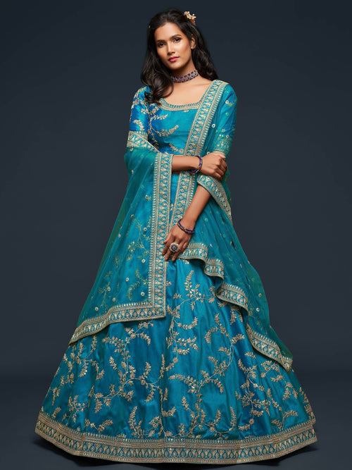 Teal Thread Embroidery Art Silk Wedding Wear Lehenga Choli