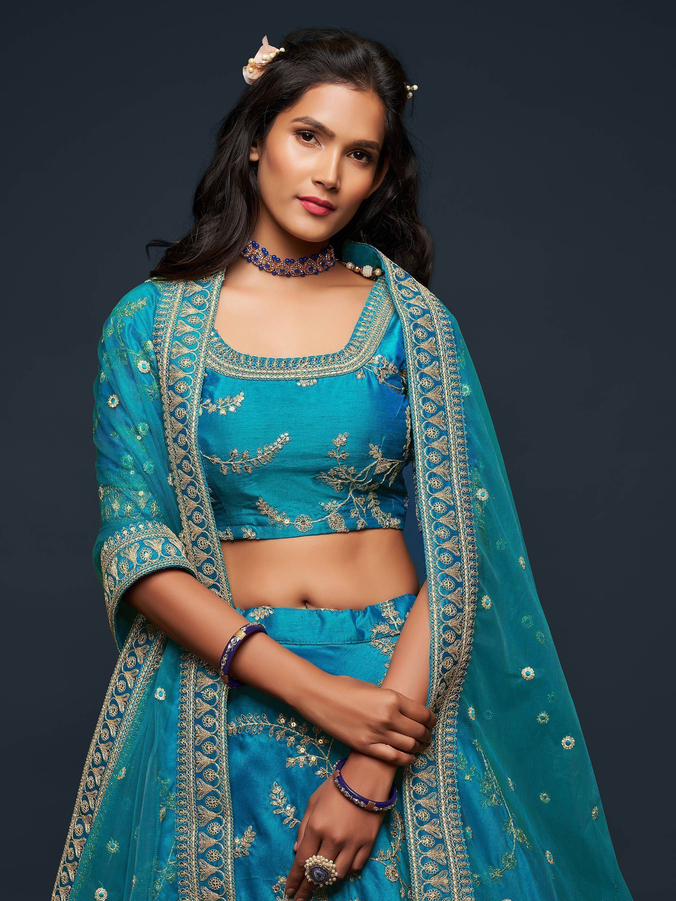 Teal Thread Embroidery Art Silk Wedding Wear Lehenga Choli