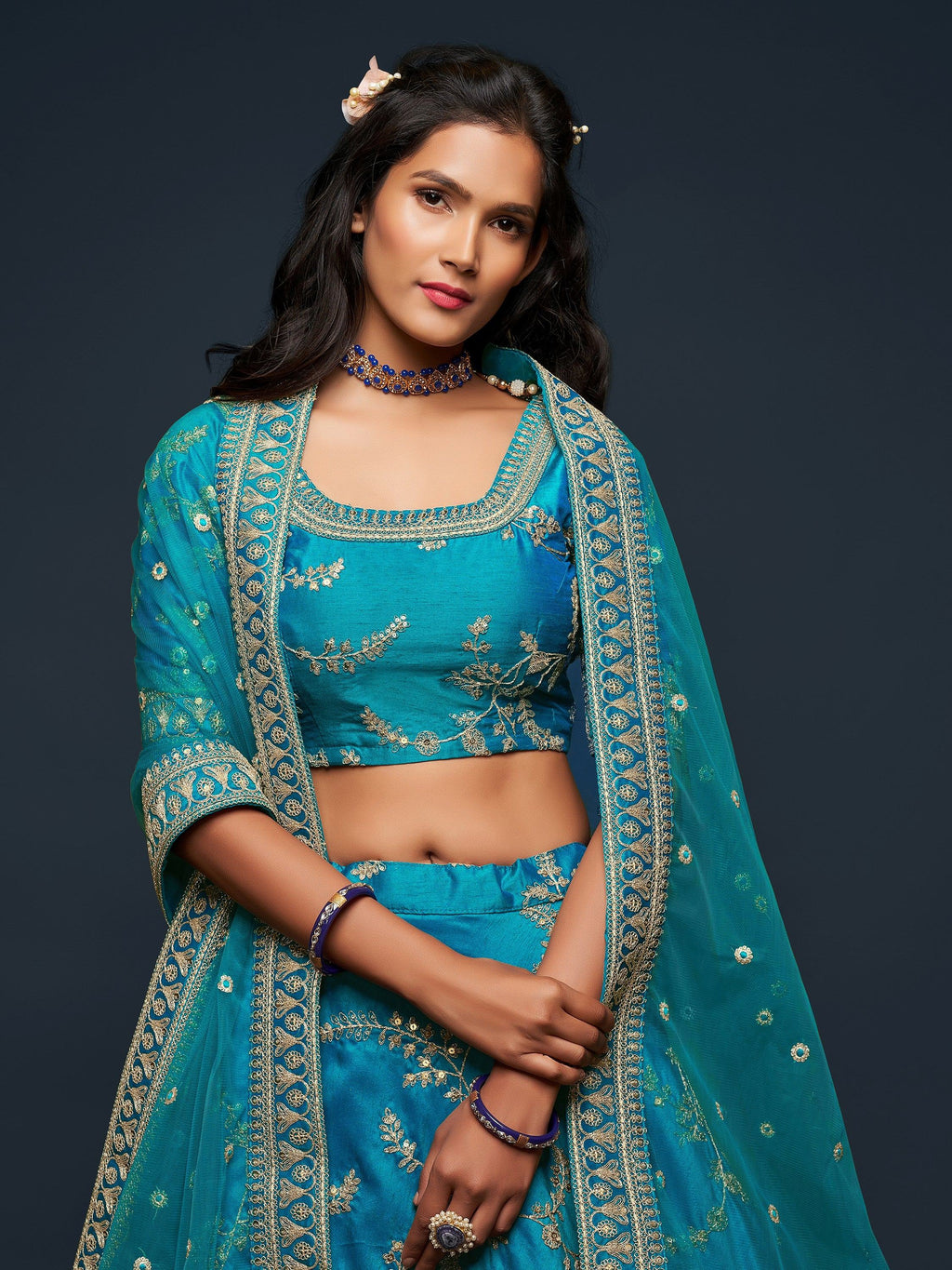 Blue Thread Embroidery Art Silk Wedding Wear Lehenga Choli