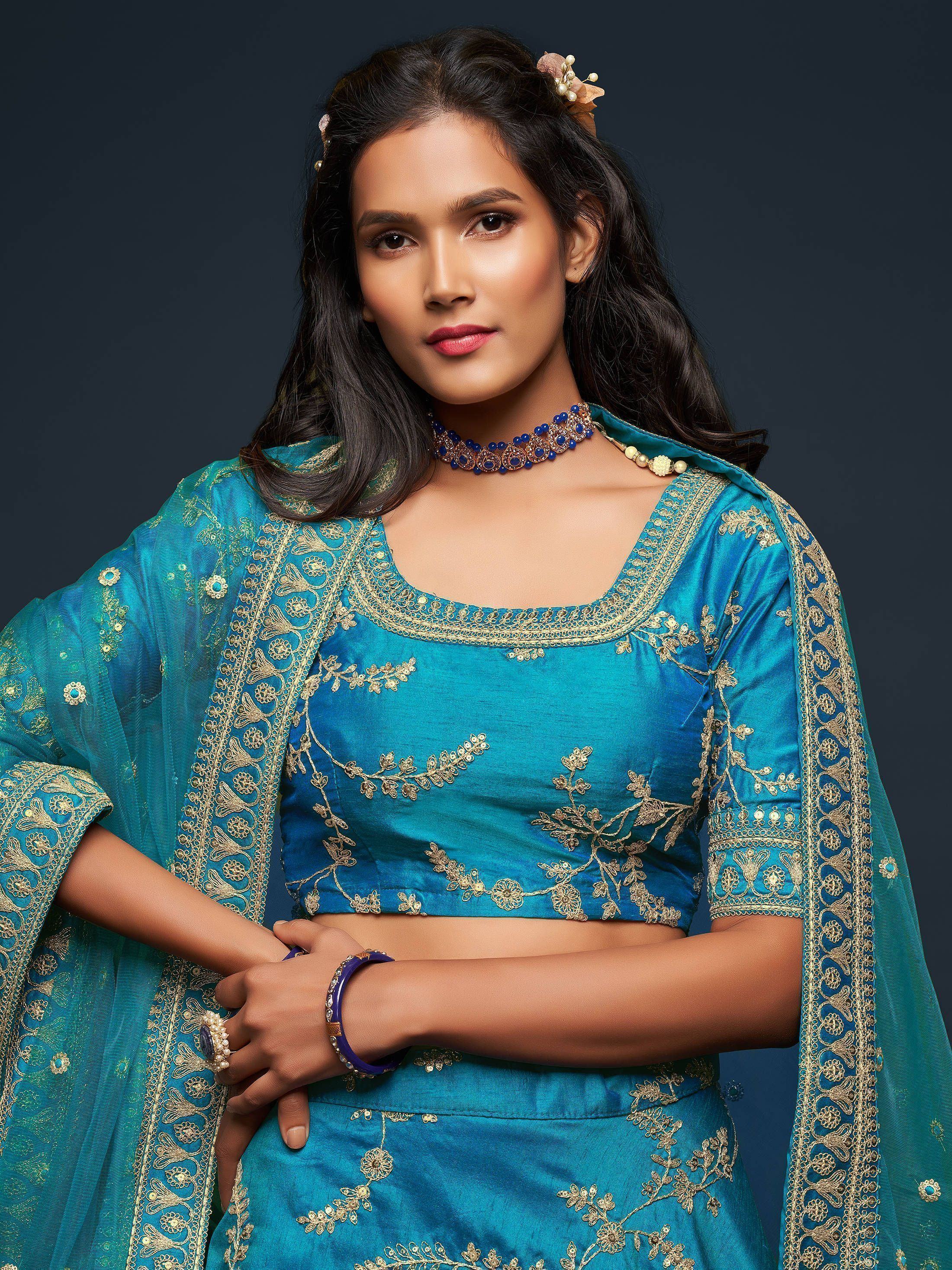 Teal Thread Embroidery Art Silk Wedding Wear Lehenga Choli