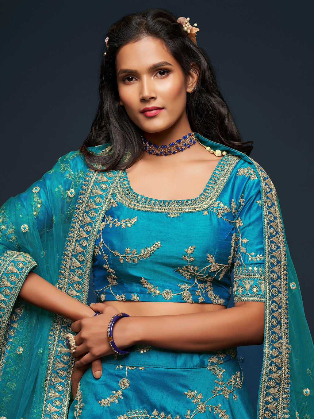 Blue Thread Embroidery Art Silk Wedding Wear Lehenga Choli