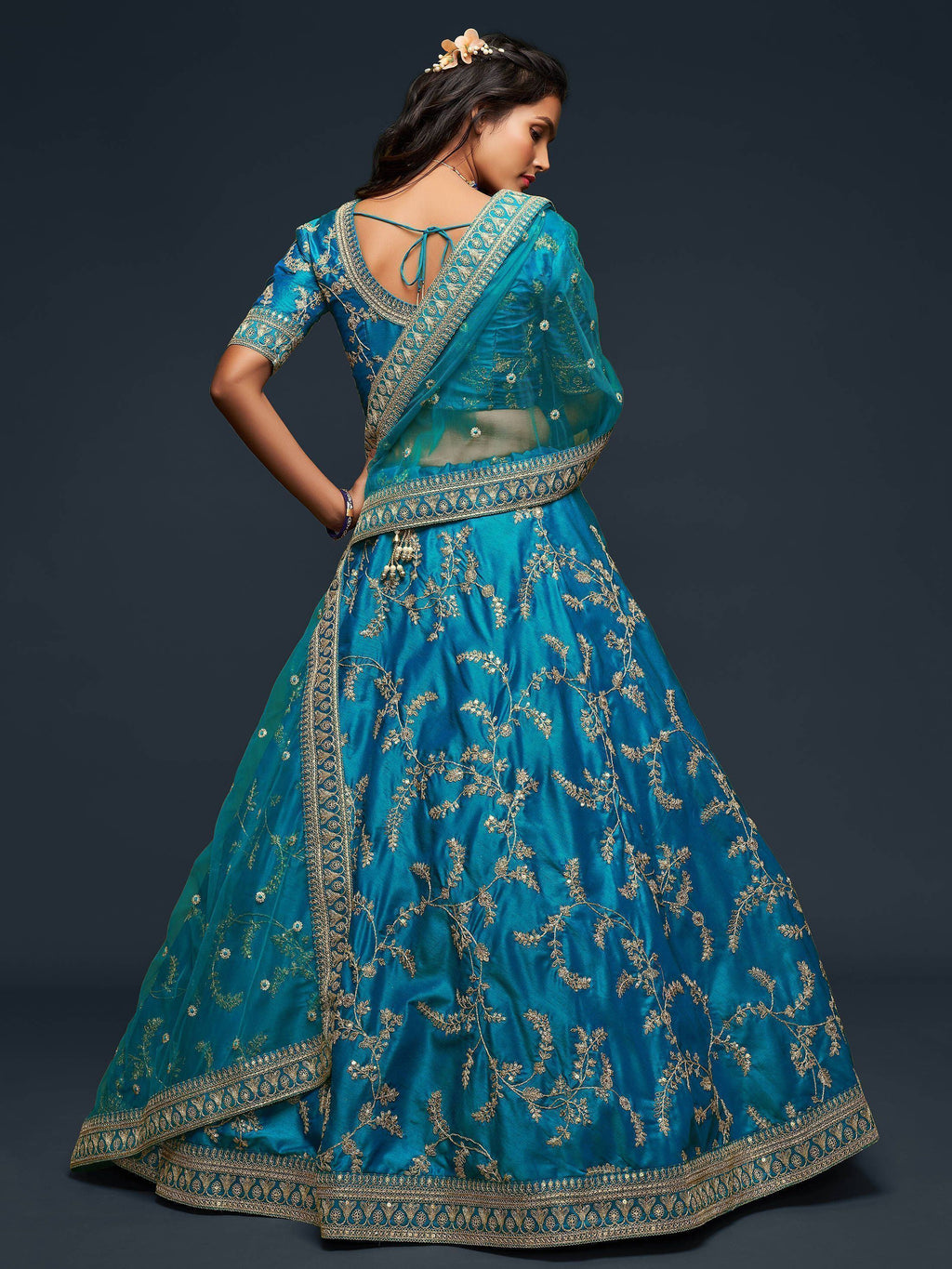 Teal Thread Embroidery Art Silk Wedding Wear Lehenga Choli