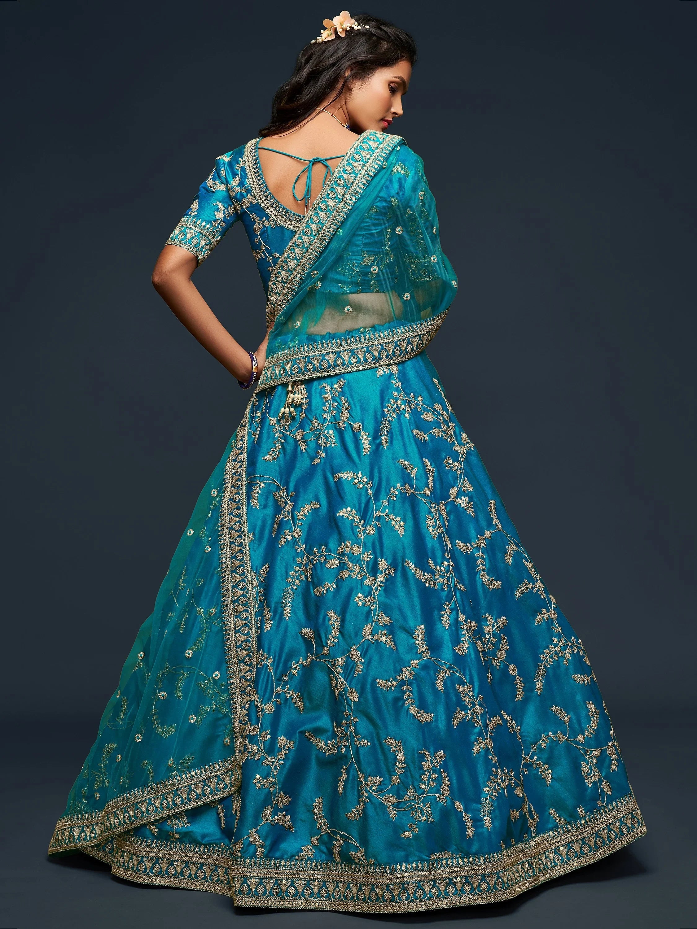 Blue Thread Embroidery Art Silk Wedding Wear Lehenga Choli