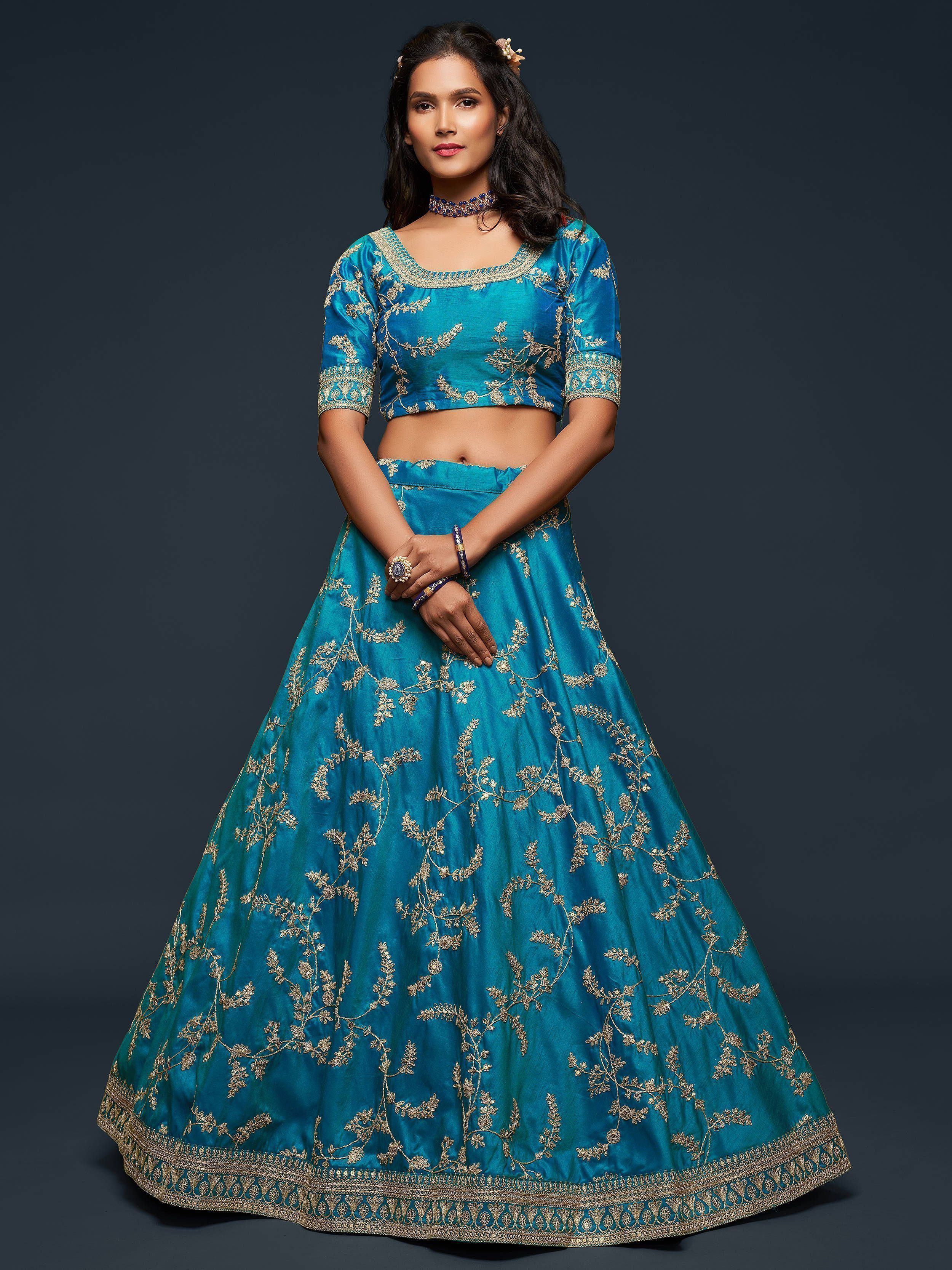 Teal Thread Embroidery Art Silk Wedding Wear Lehenga Choli