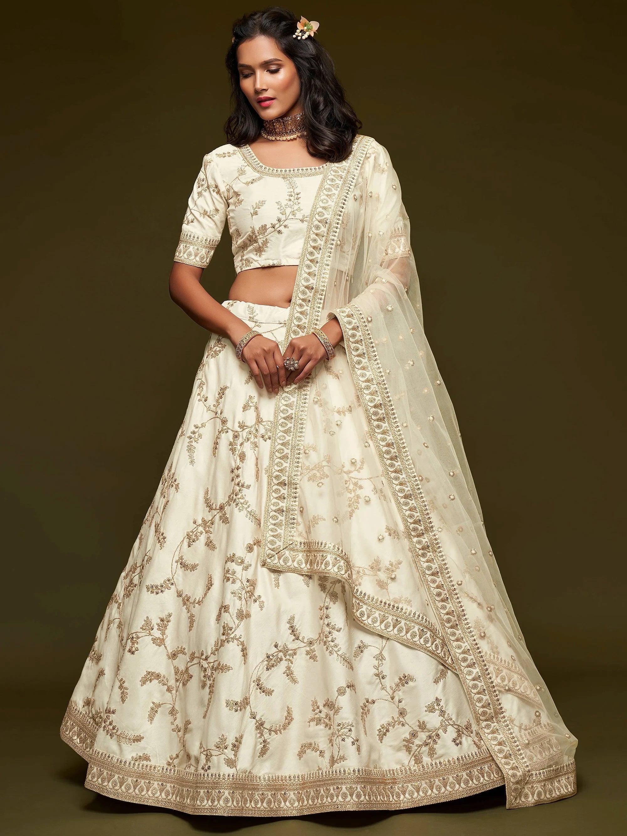 Off White Thread Embroidery Art Silk Wedding Wear Lehenga Choli