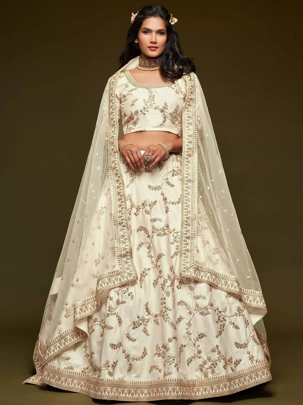 Off White Thread Embroidery Art Silk Wedding Wear Lehenga Choli