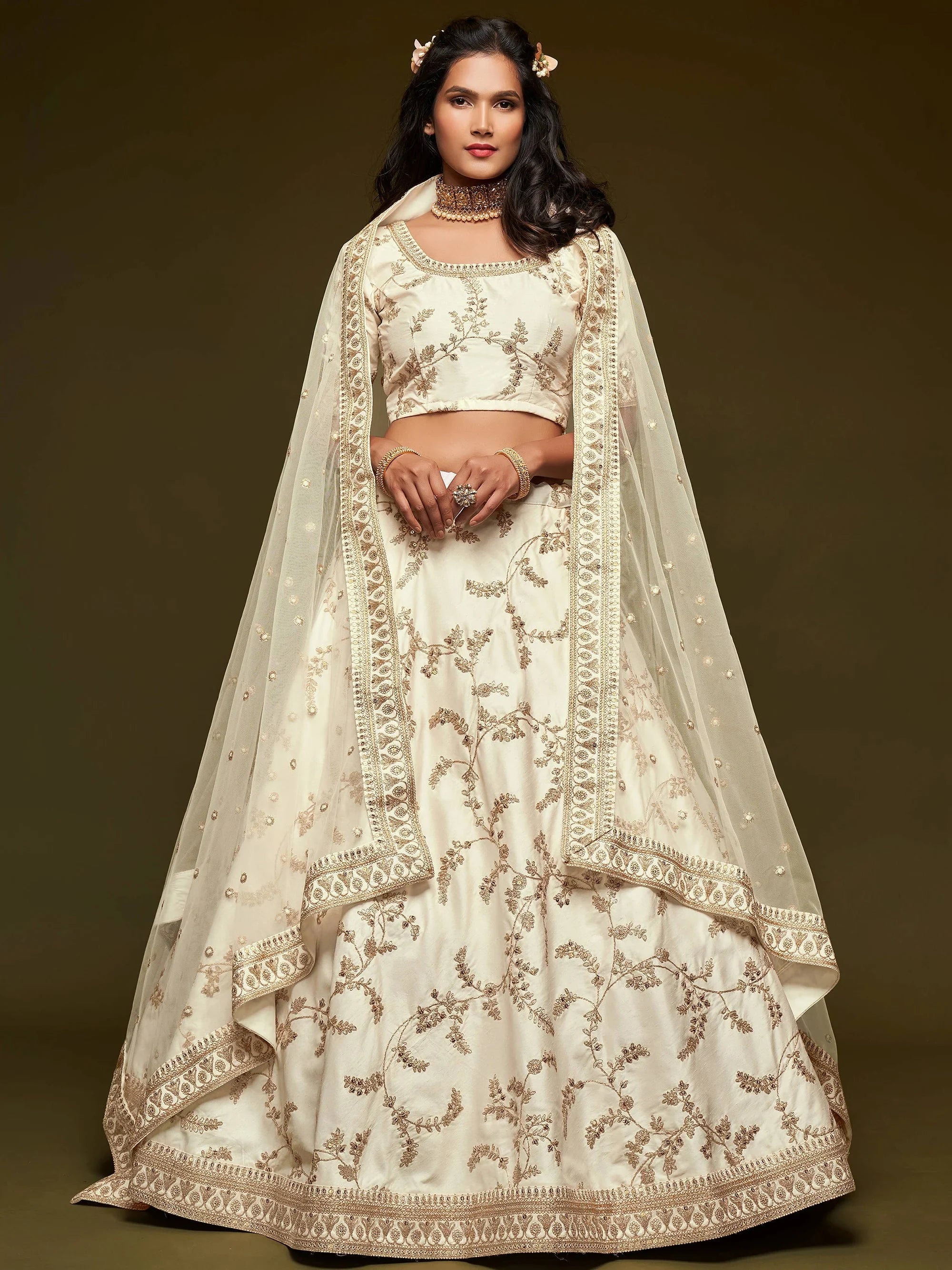 Off White Thread Embroidery Art Silk Wedding Wear Lehenga Choli
