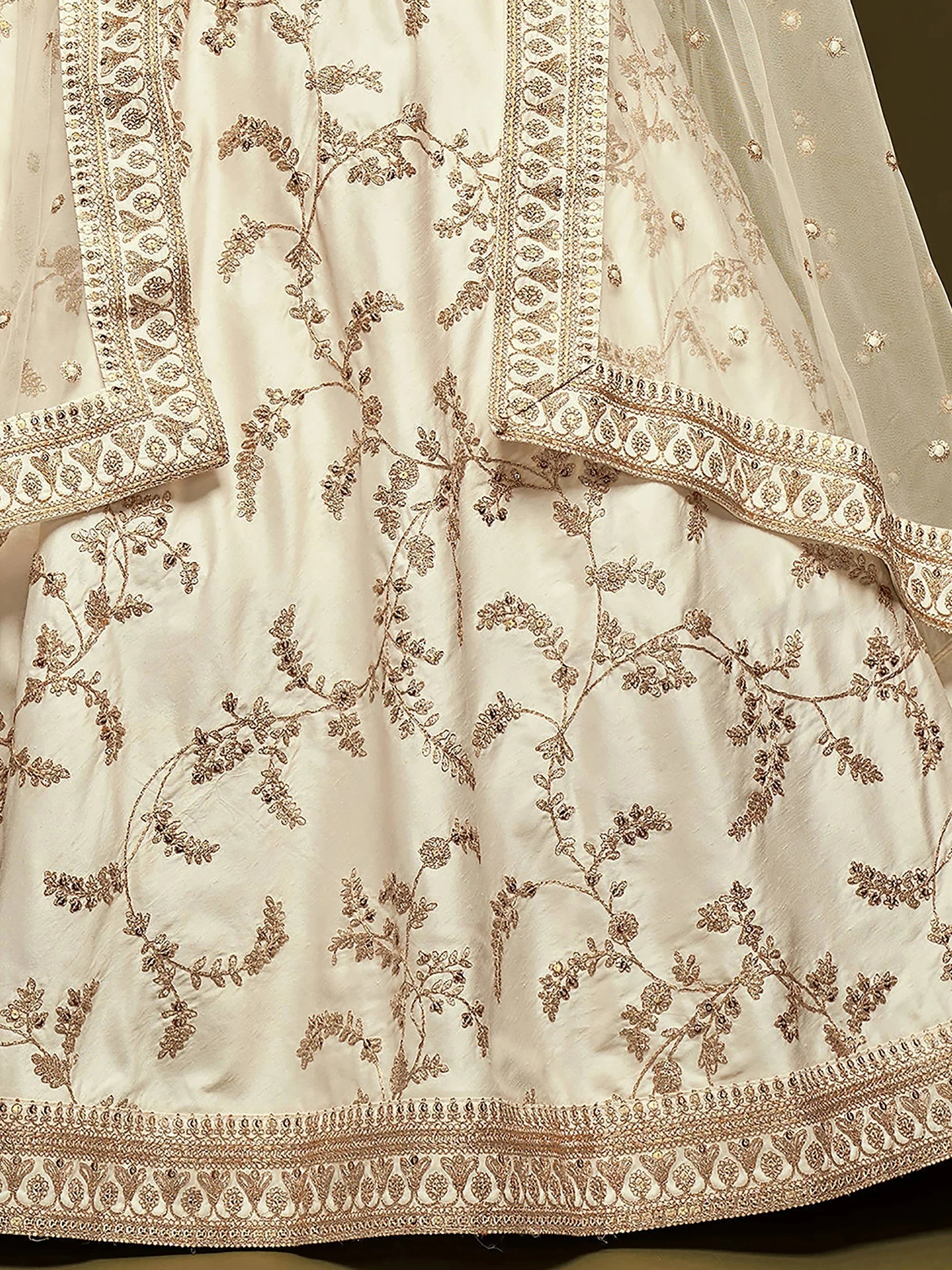 Off White Thread Embroidery Art Silk Wedding Wear Lehenga Choli