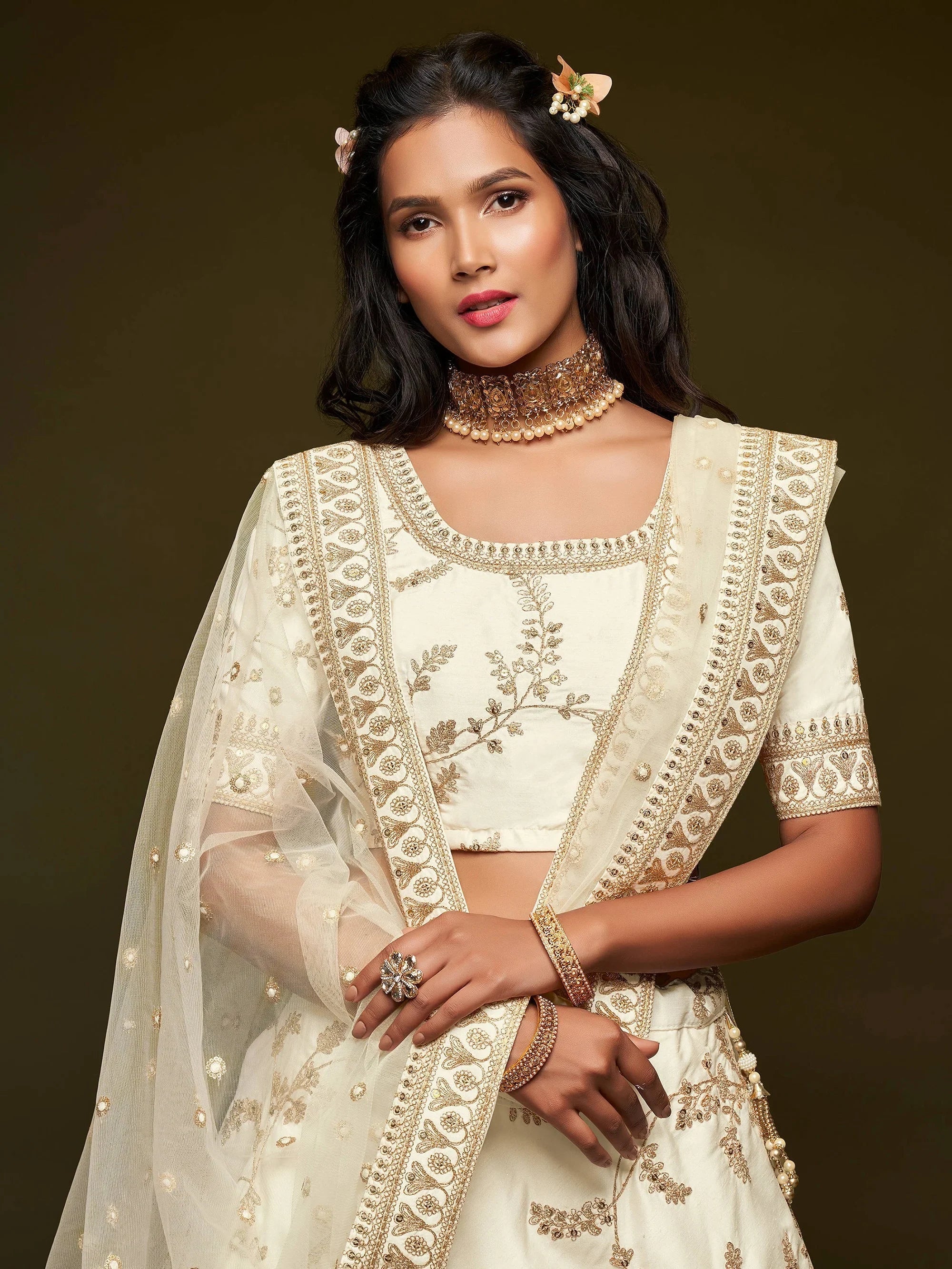 Off White Thread Embroidery Art Silk Wedding Wear Lehenga Choli