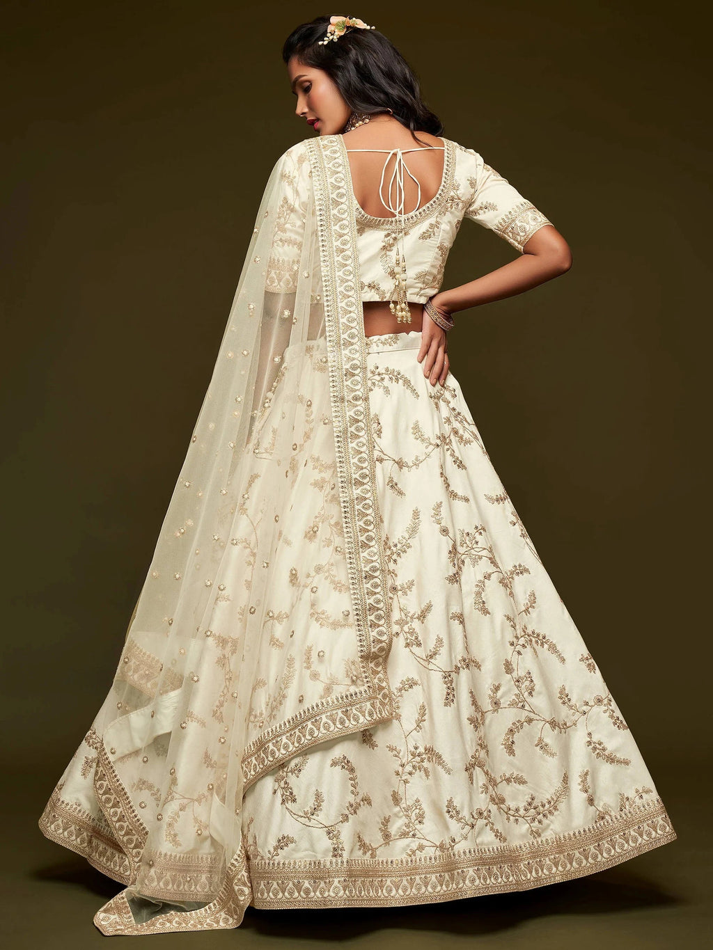 Off White Thread Embroidery Art Silk Wedding Wear Lehenga Choli