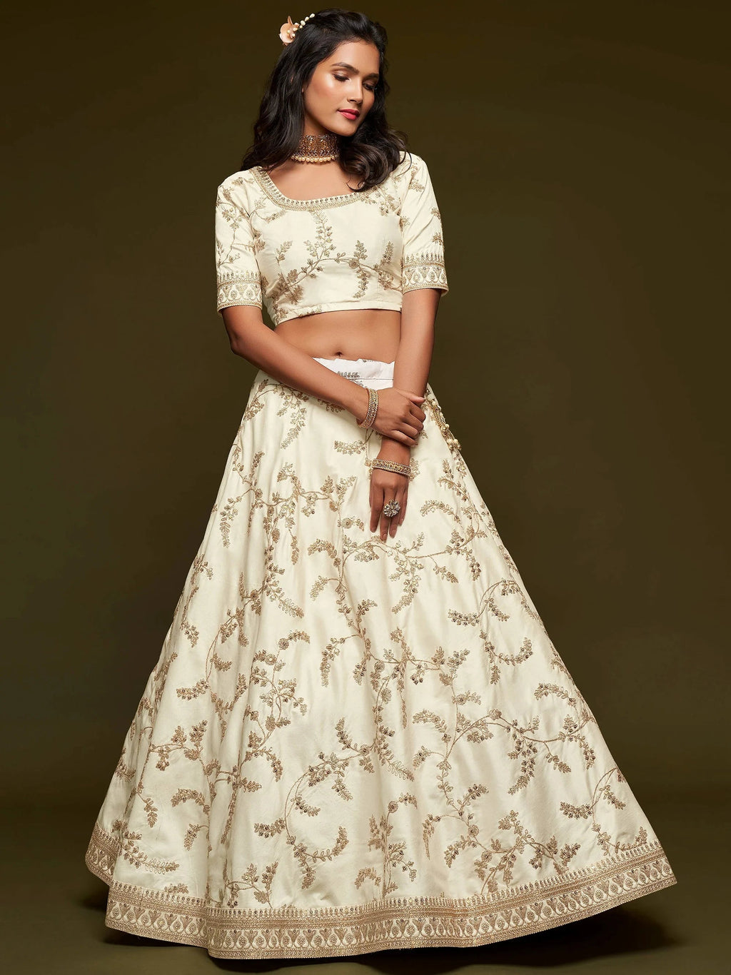 Off White Thread Embroidery Art Silk Wedding Wear Lehenga Choli