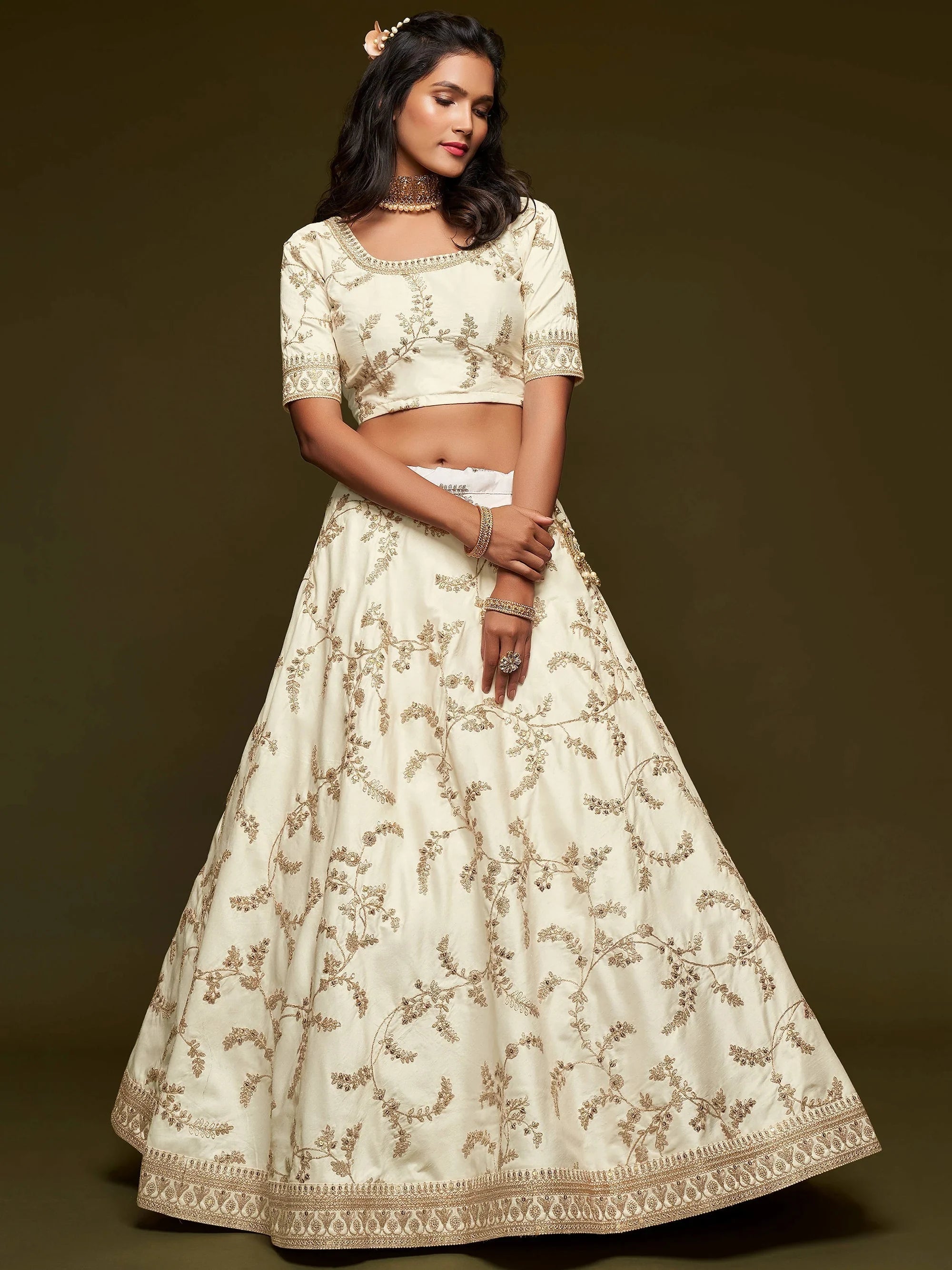 Off White Thread Embroidery Art Silk Wedding Wear Lehenga Choli