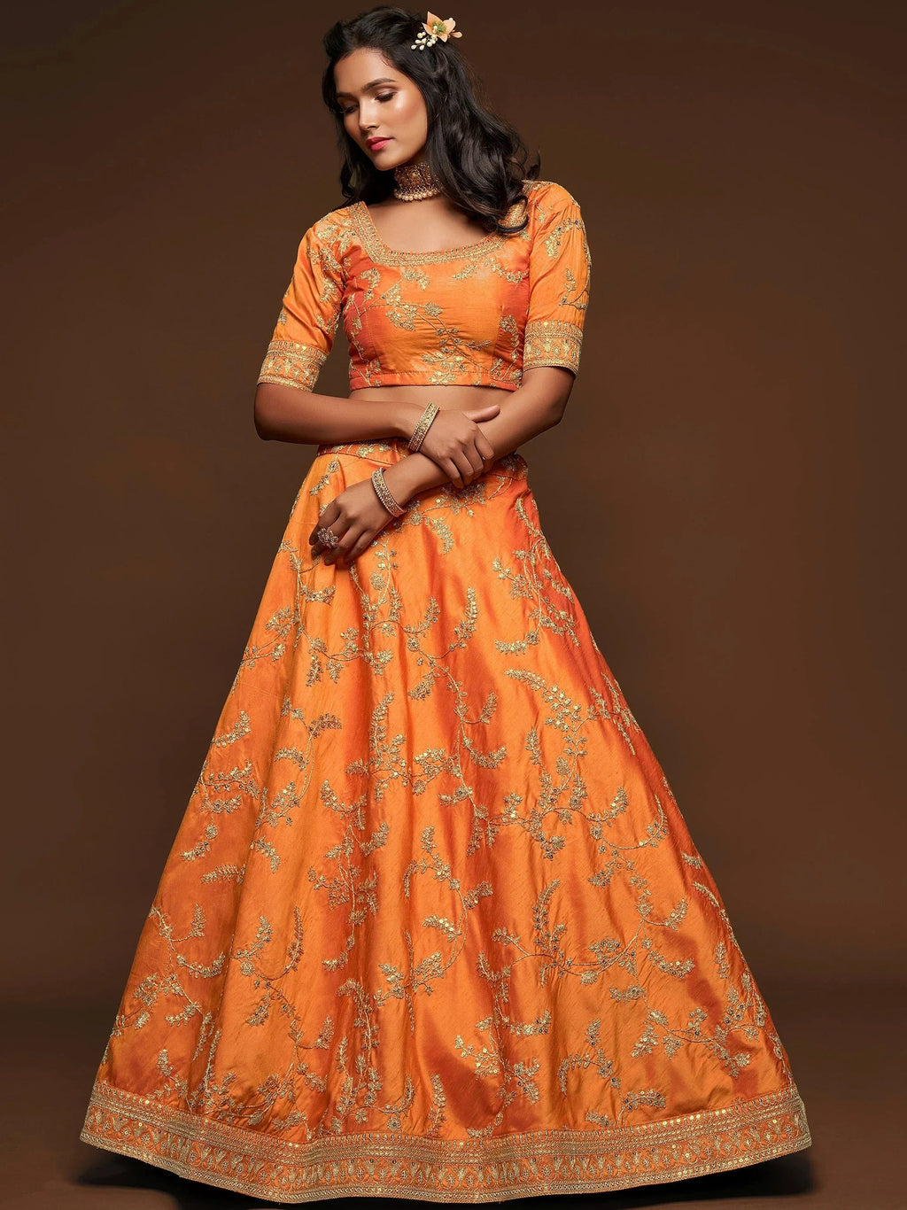 Fantastic Orange Embroidered Silk Designer Plus Size Lehenga Choli
