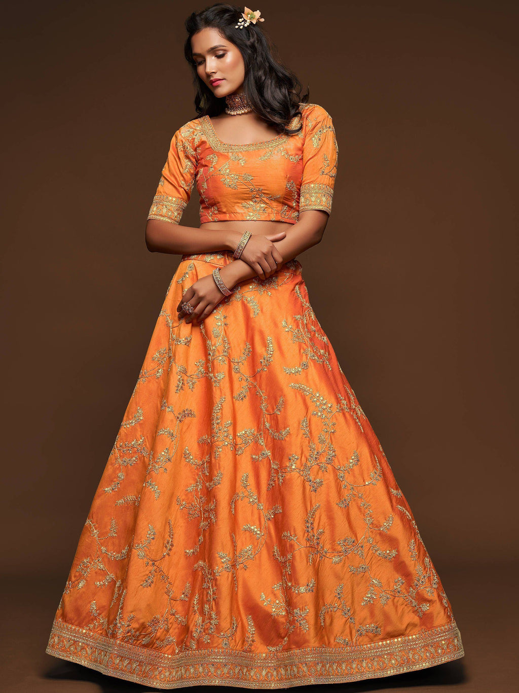 Orange Thread Embroidery Art Silk Wedding Wear Lehenga Choli