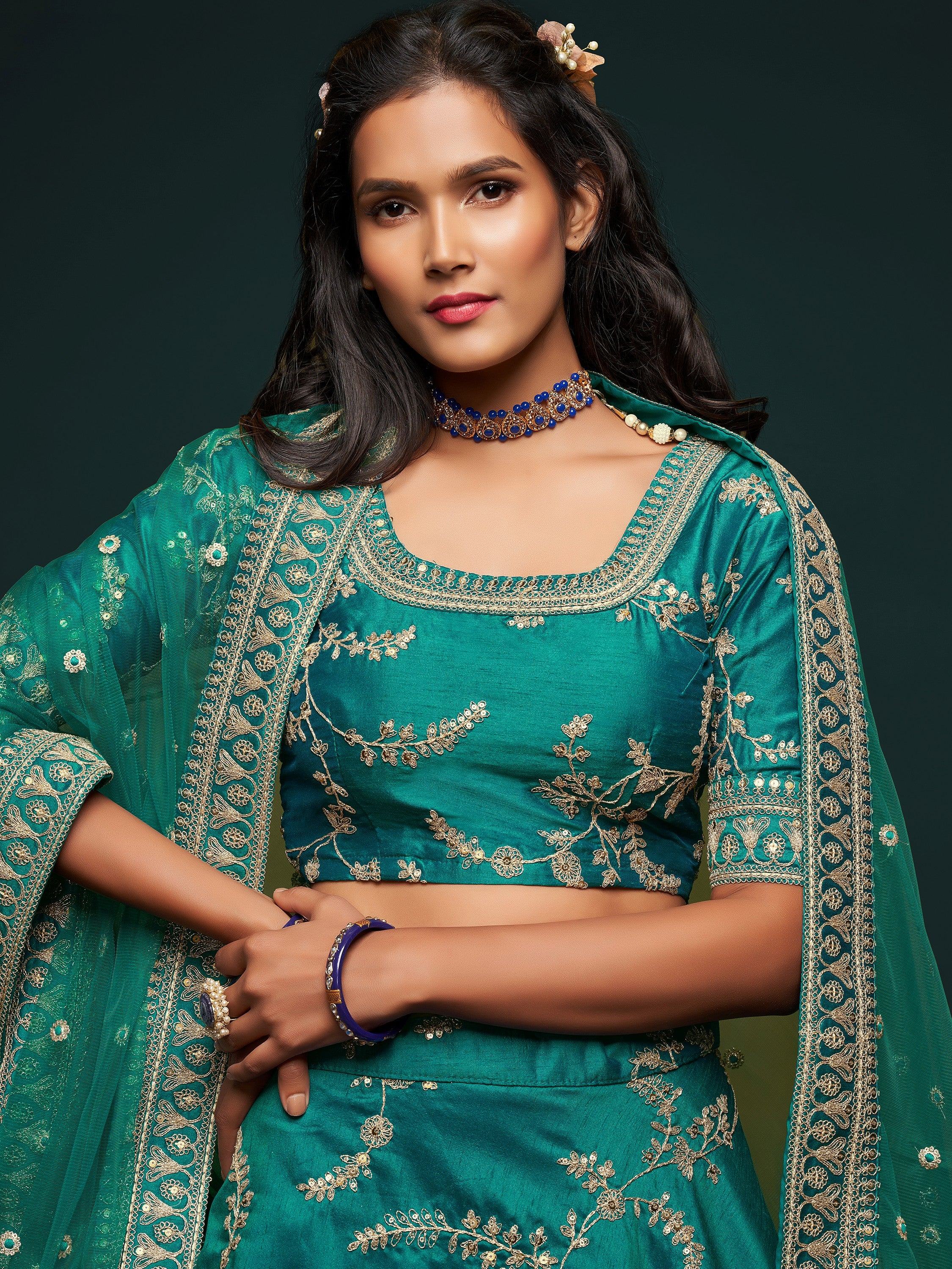 Fabulous Green Embroidered Silk Engagement Wear Plus Size Lehenga Choli