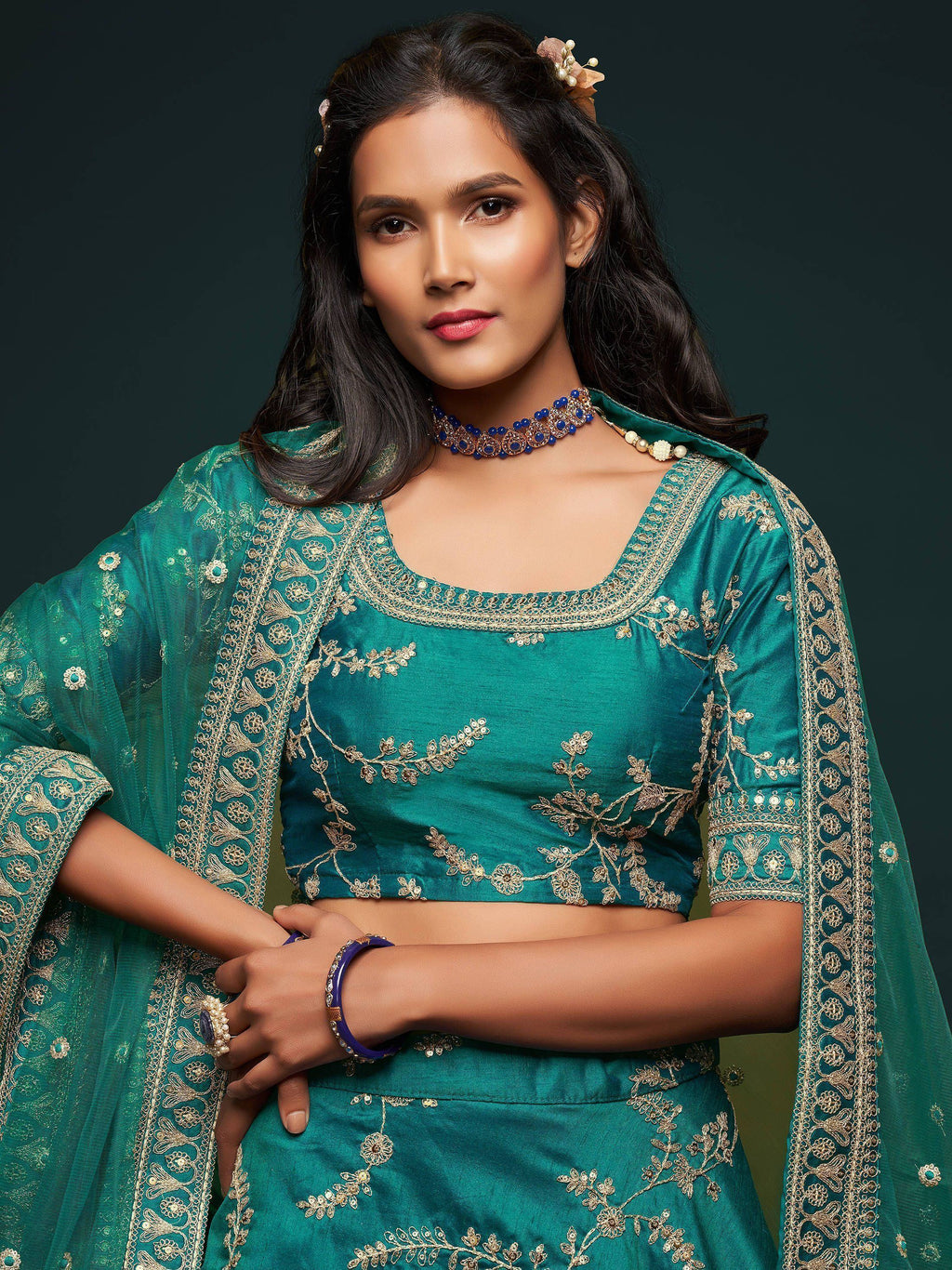 Green Thread Embroidery Art Silk Wedding Wear Lehenga Choli