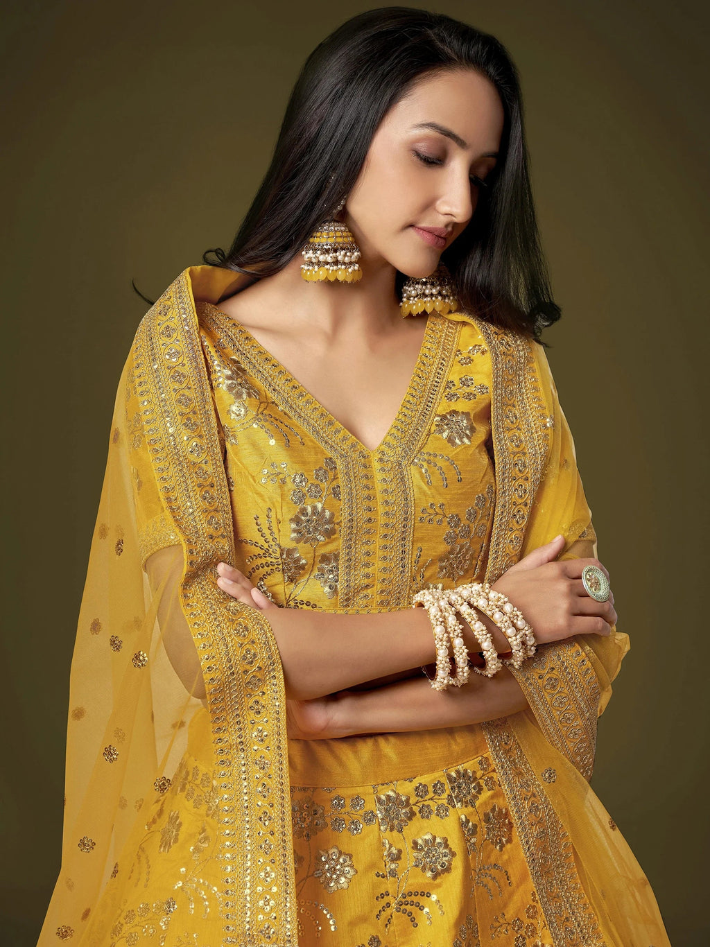 Beautiful Yellow Zari Embroidered Silk Haldi Wear Plus Size Lehenga Choli