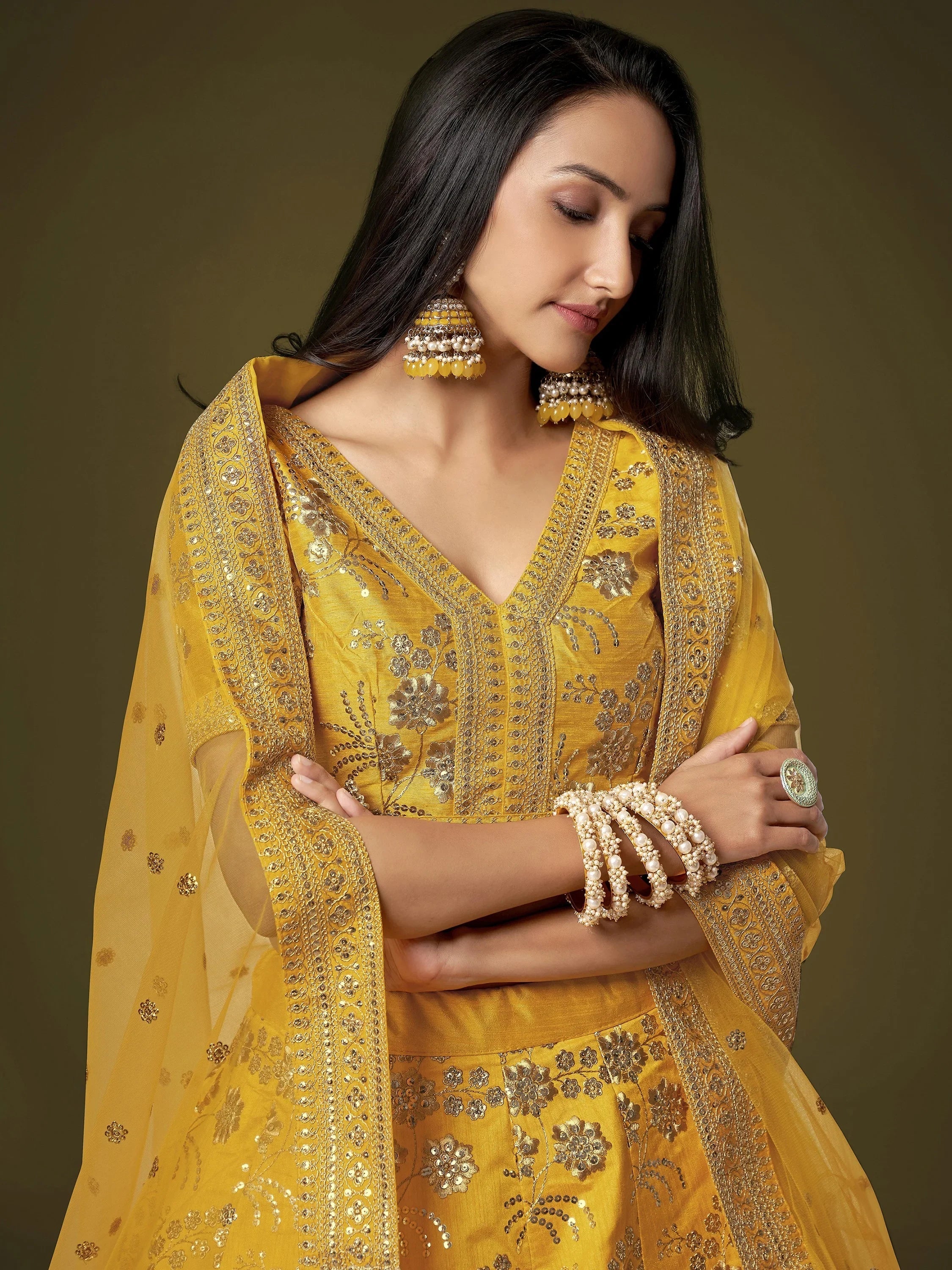 Beautiful Yellow Zari Embroidered Silk Haldi Wear Plus Size Lehenga Choli