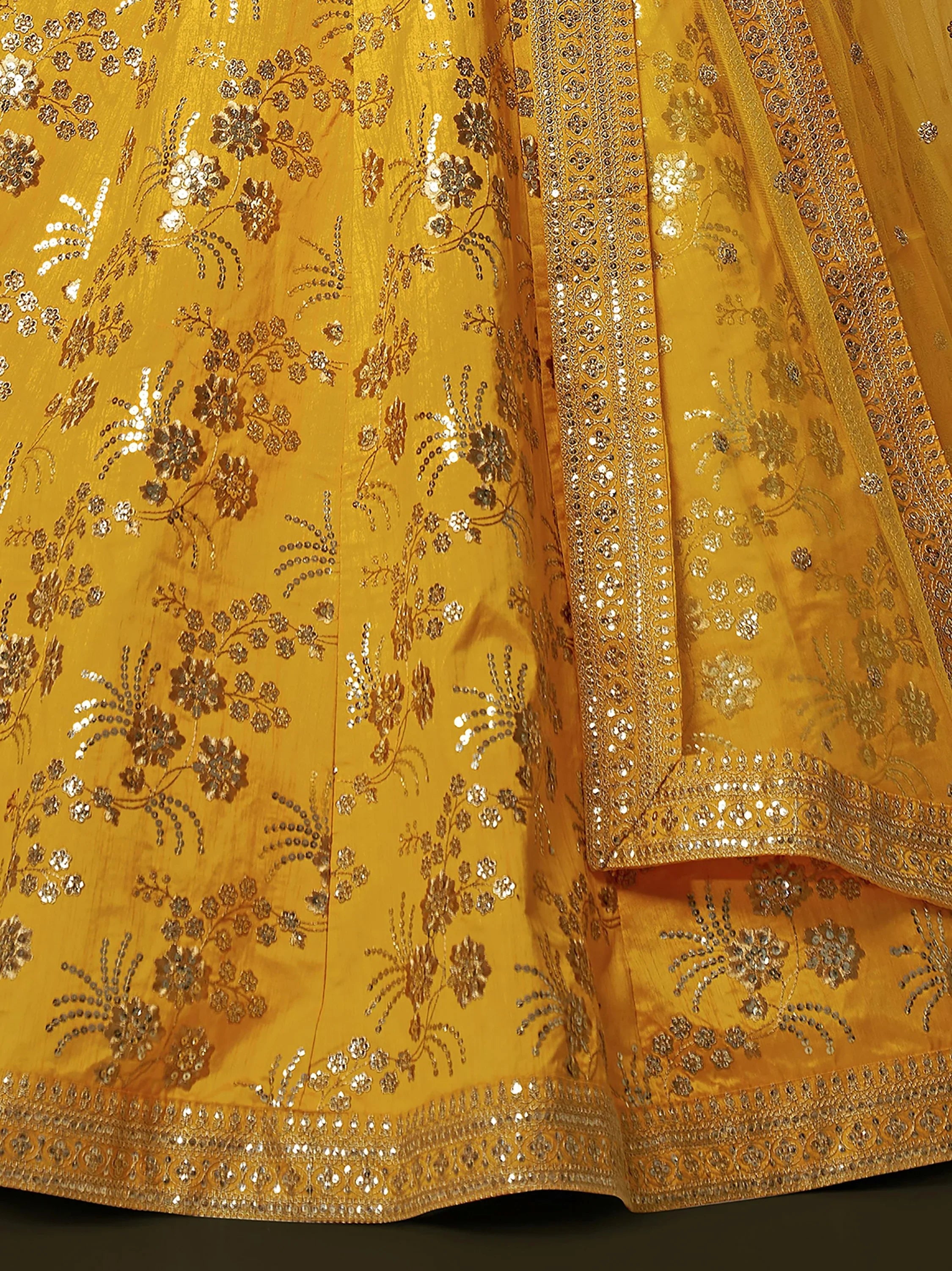 Beautiful Yellow Zari Embroidered Silk Haldi Wear Plus Size Lehenga Choli
