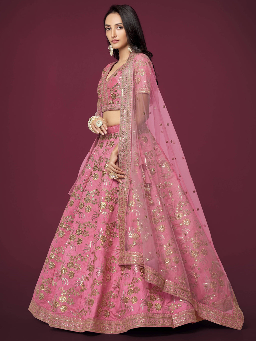 Marvelous Pink Sequins Work Slub Silk Wedding Wear Lehenga Choli