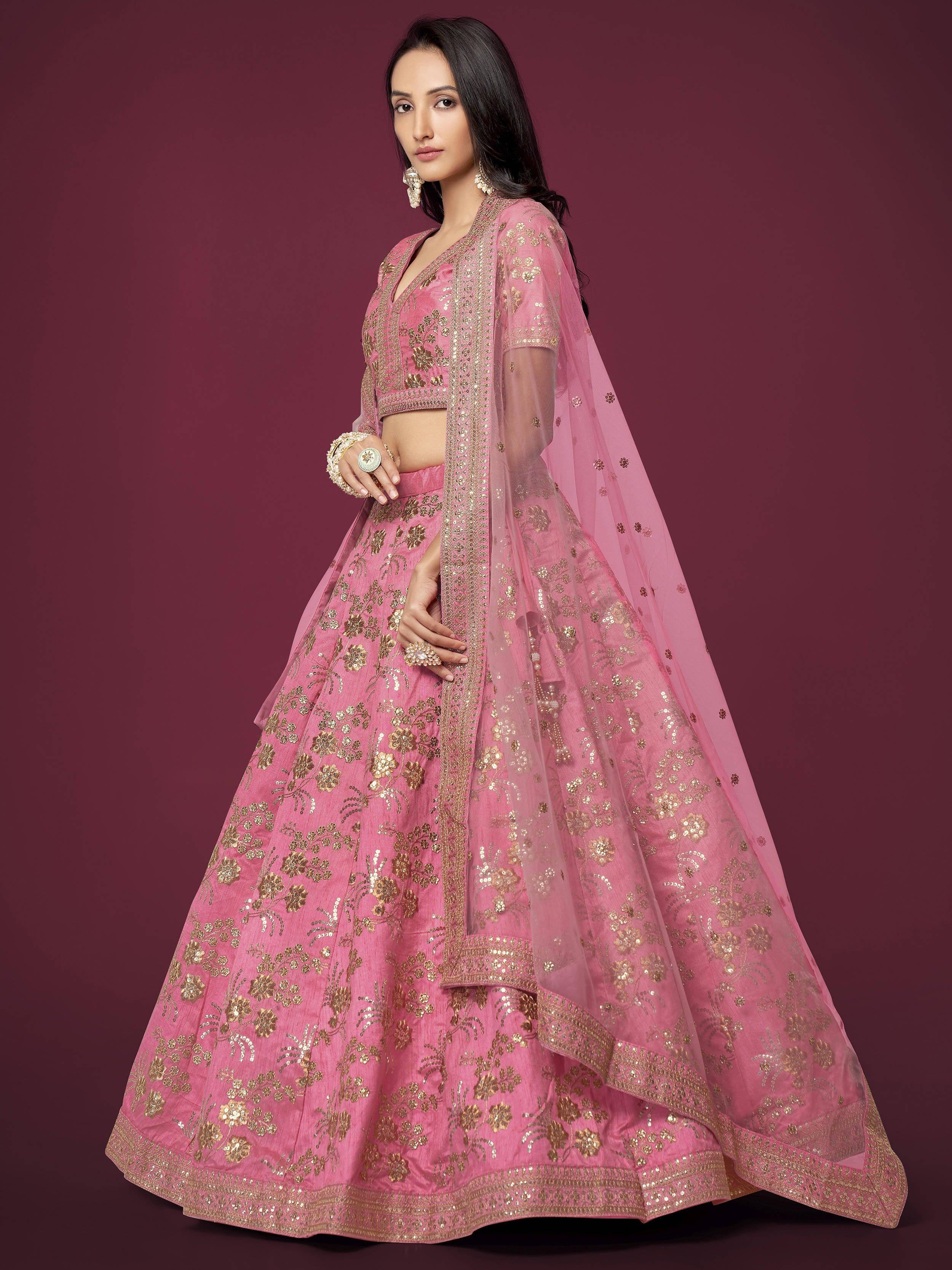 Marvelous Pink Sequins Work Slub Silk Wedding Wear Lehenga Choli