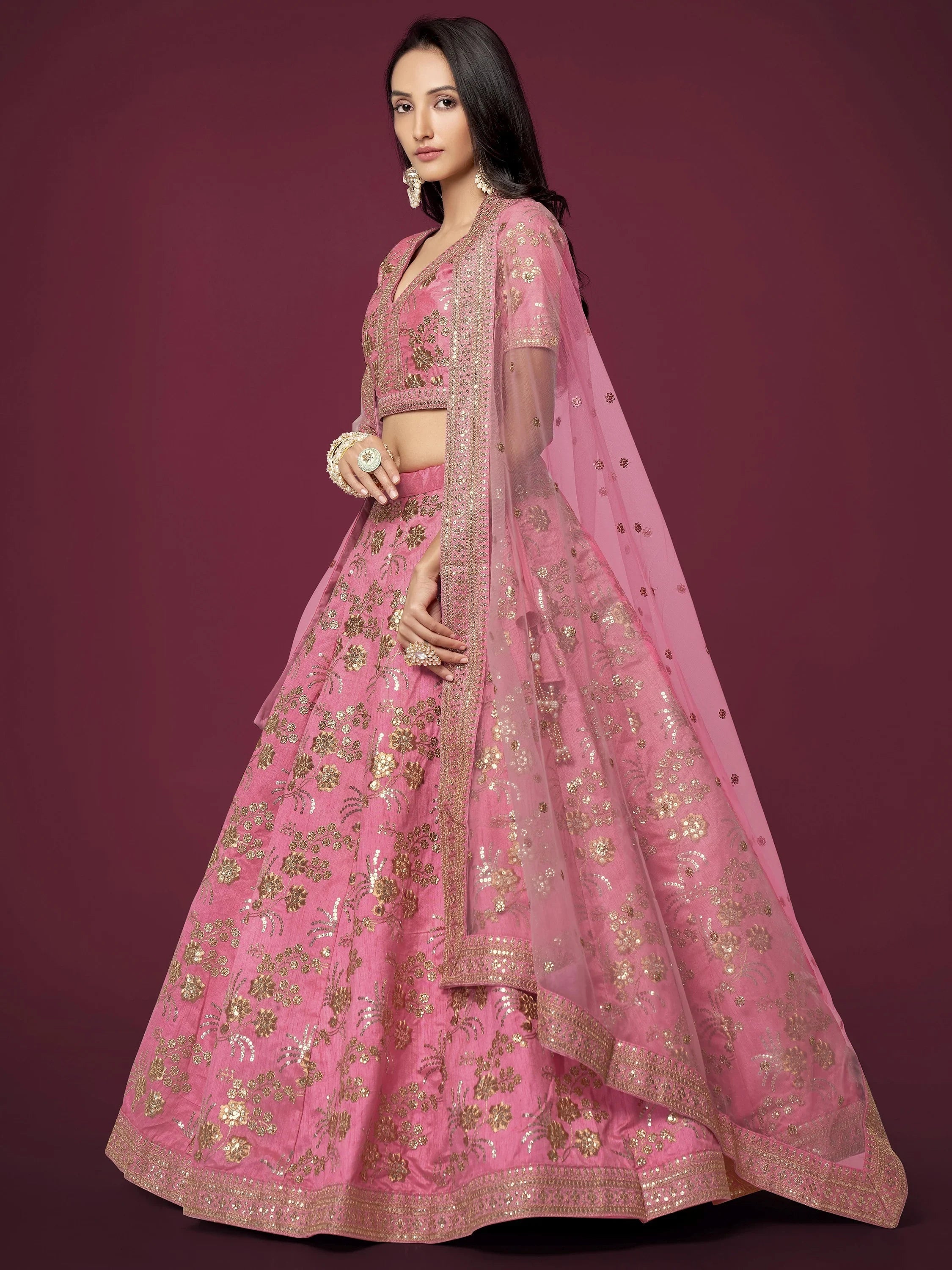 Charming Pink Sequins Silk Festival Wear Plus Size Lehenga Choli