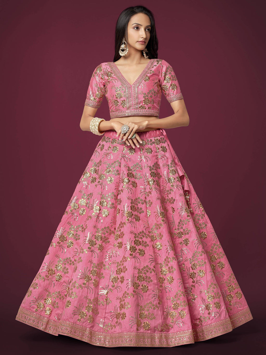 Marvelous Pink Sequins Work Slub Silk Wedding Wear Lehenga Choli