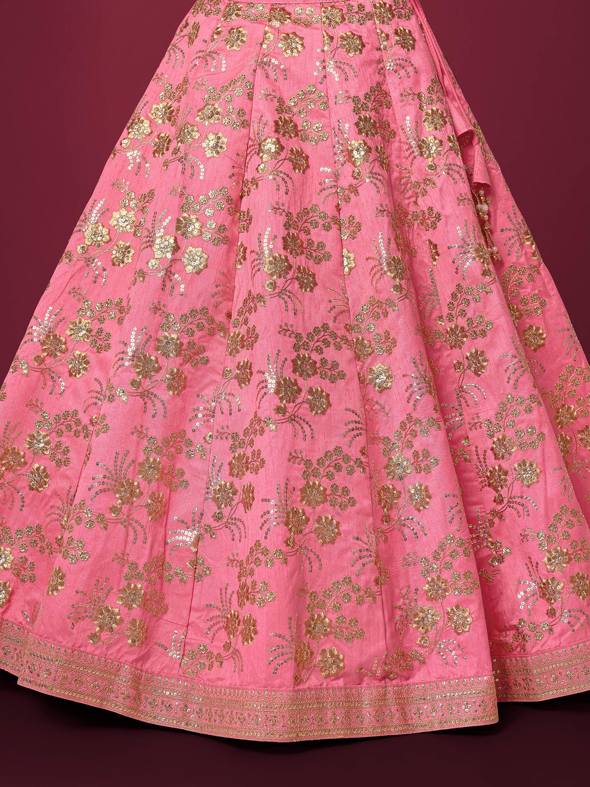Marvelous Pink Sequins Work Slub Silk Wedding Wear Lehenga Choli