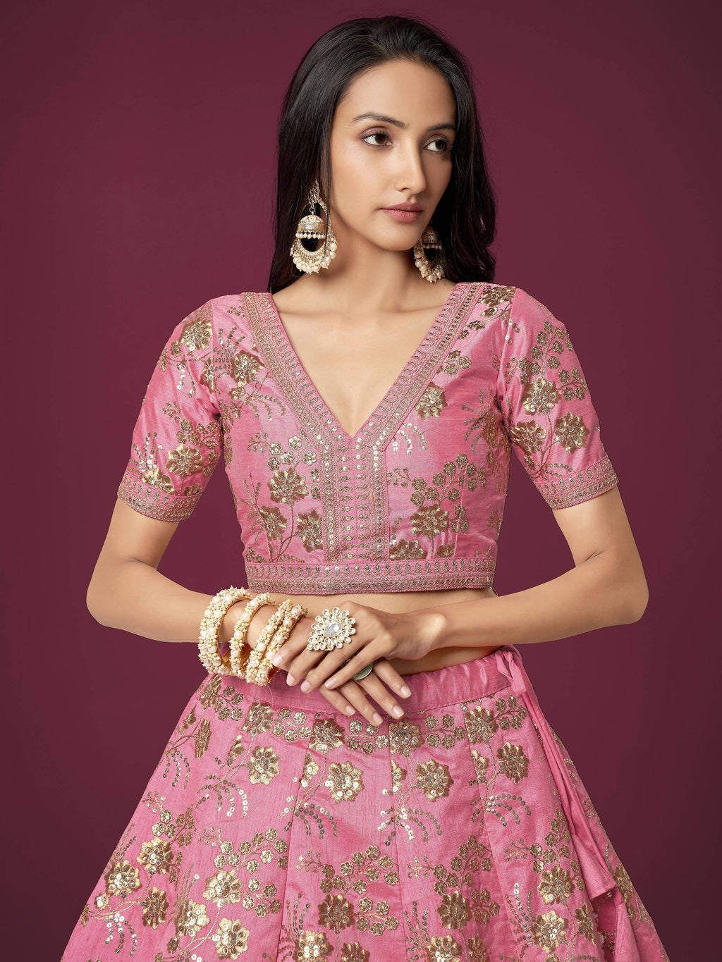 Marvelous Pink Sequins Work Slub Silk Wedding Wear Lehenga Choli