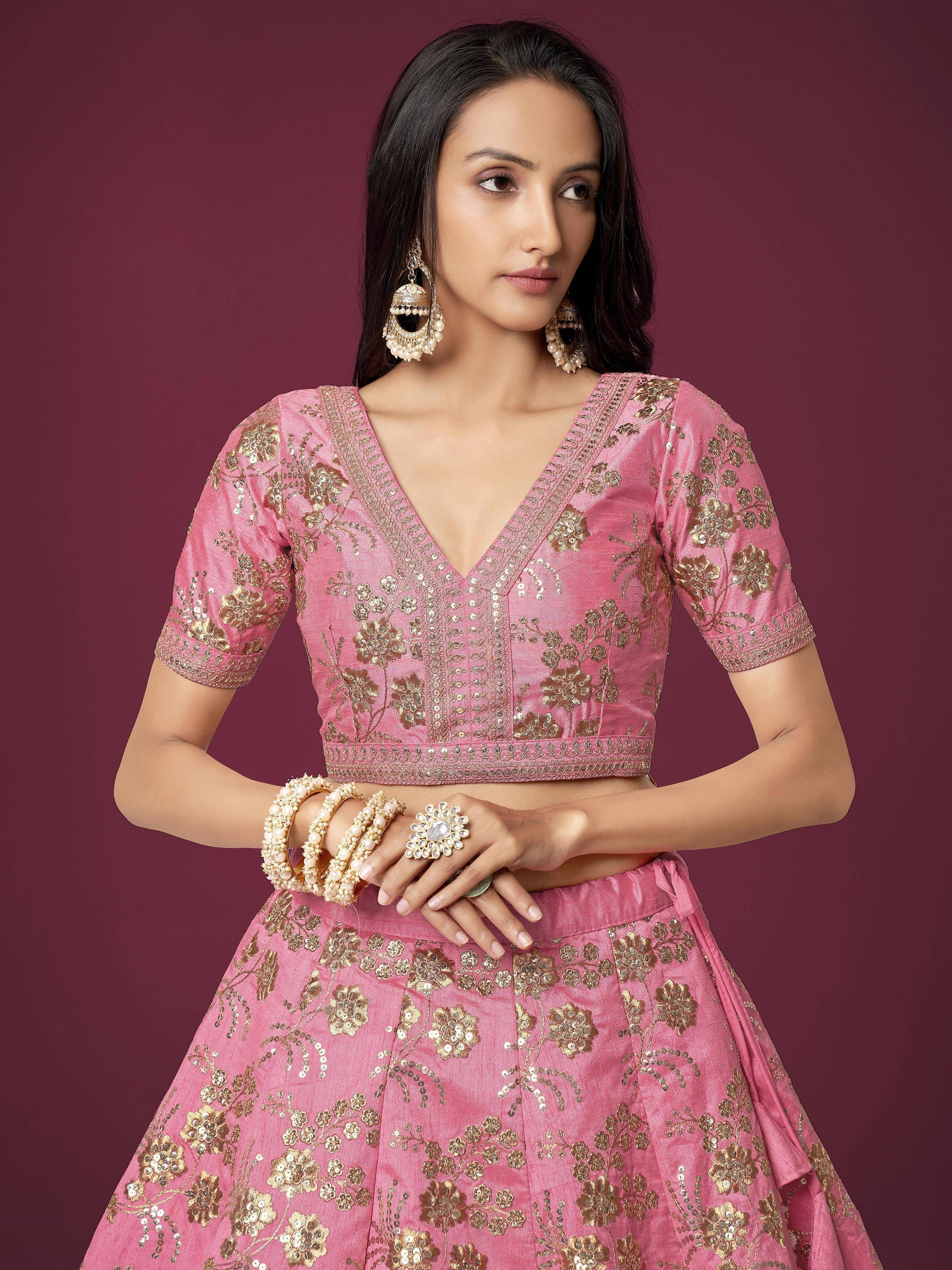 Marvelous Pink Sequins Work Slub Silk Wedding Wear Lehenga Choli
