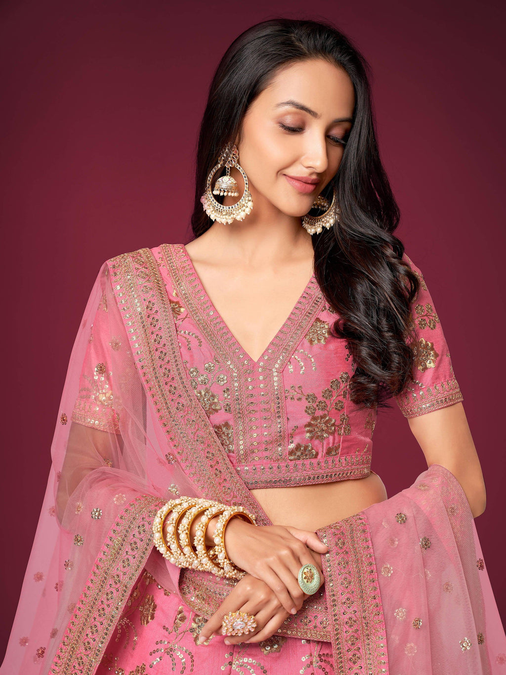 Marvelous Pink Sequins Work Slub Silk Wedding Wear Lehenga Choli