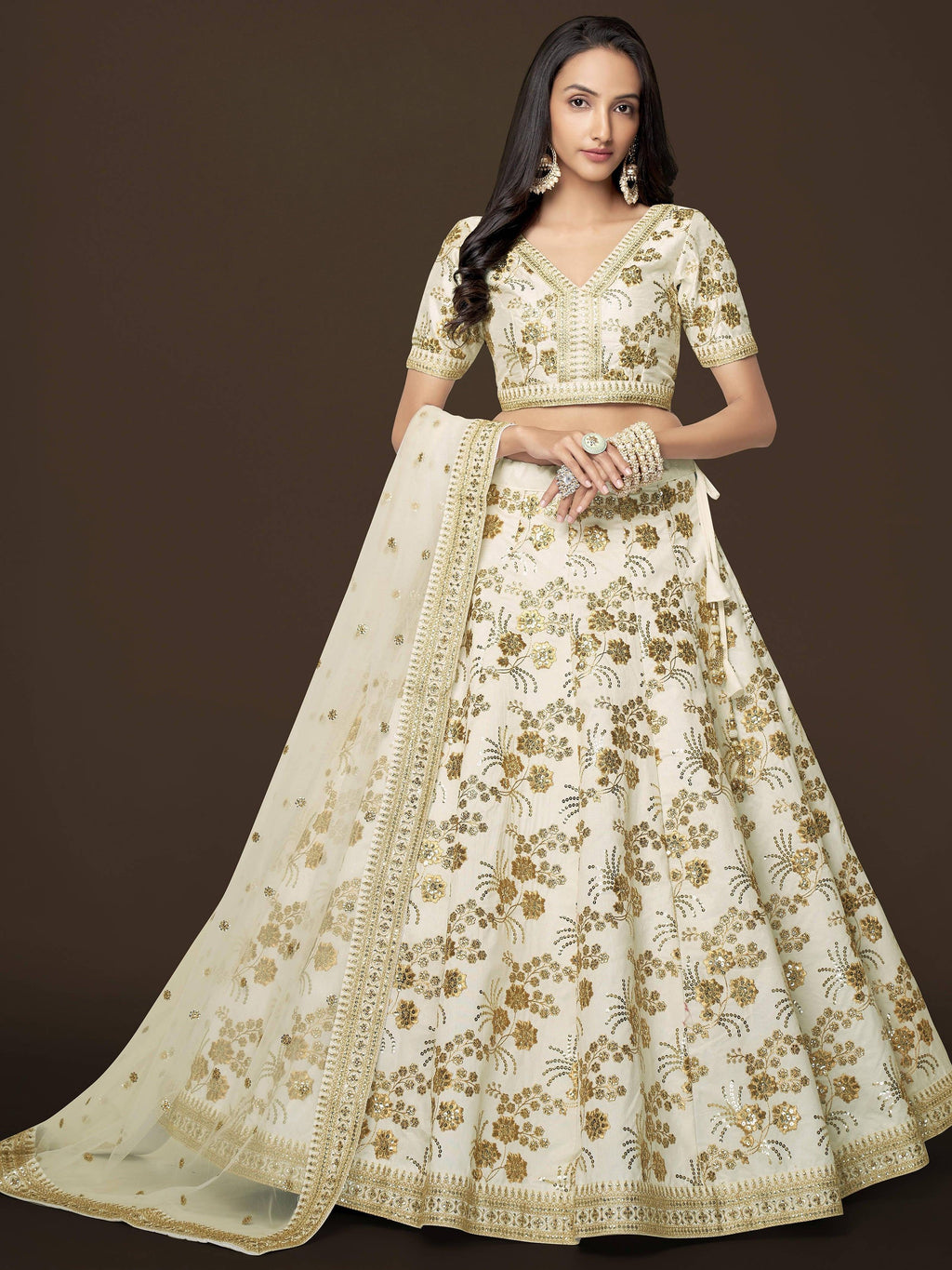 White Alluring Zari Work Engagement Wear Slub Silk Lehenga Choli