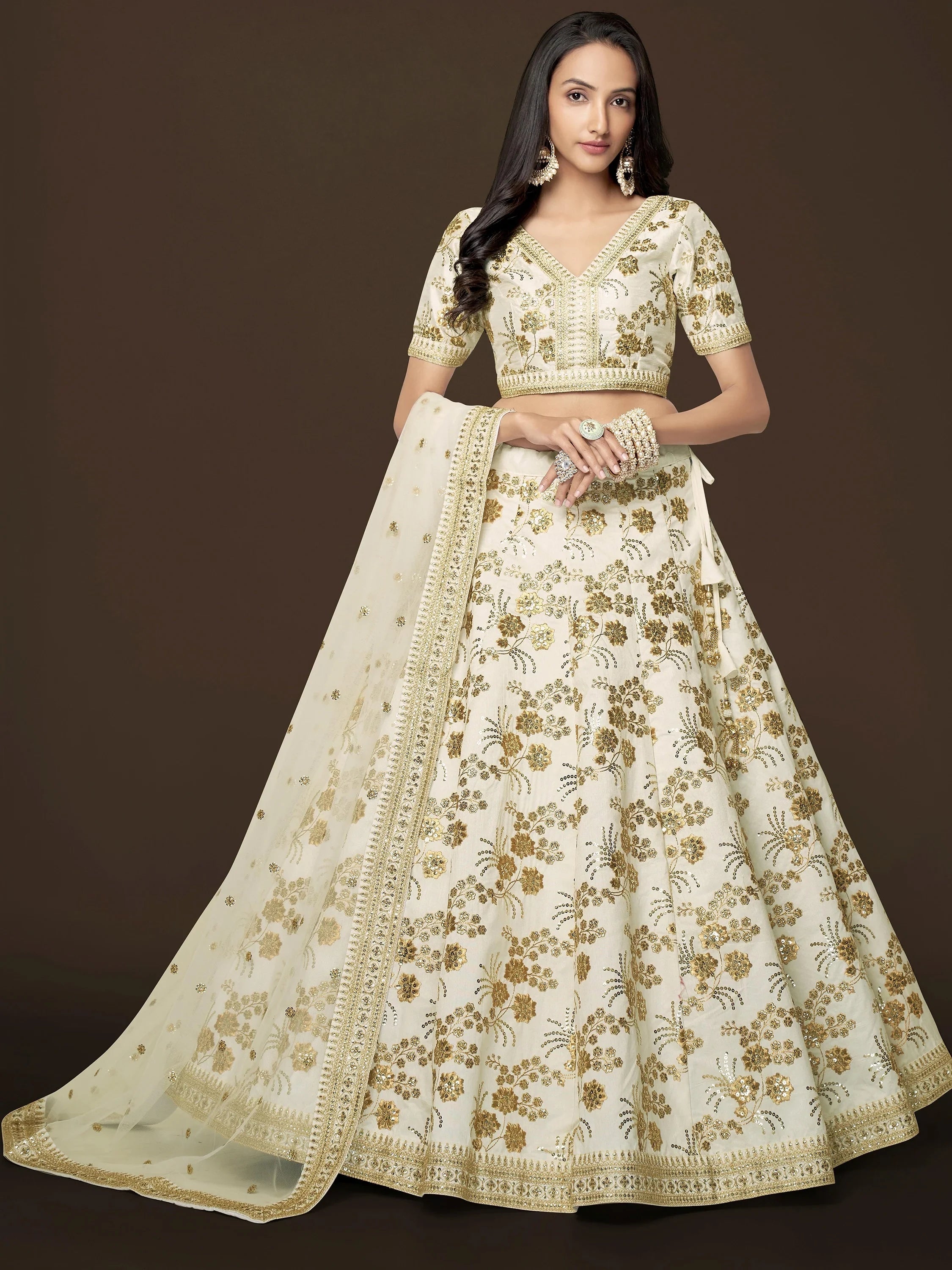 Cream Alluring Zari Work Engagement Wear Slub Silk Lehenga Choli