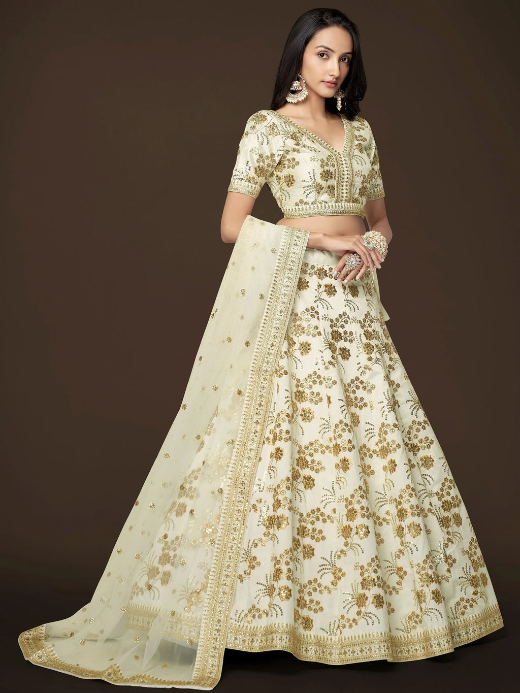 Cream Alluring Zari Work Engagement Wear Slub Silk Lehenga Choli