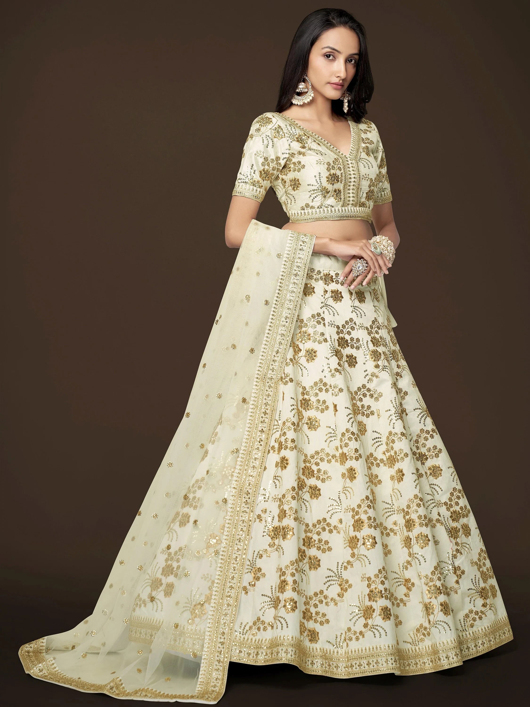 Cream Alluring Zari Work Engagement Wear Slub Silk Lehenga Choli