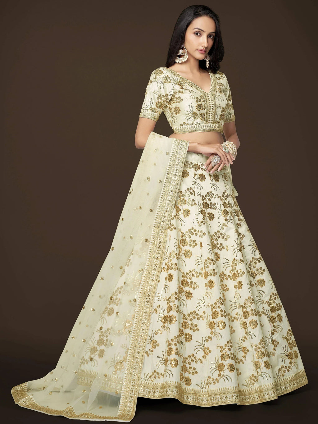 White Alluring Zari Work Engagement Wear Slub Silk Lehenga Choli