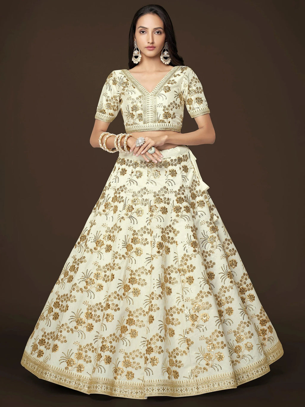 Cream Alluring Zari Work Engagement Wear Slub Silk Lehenga Choli