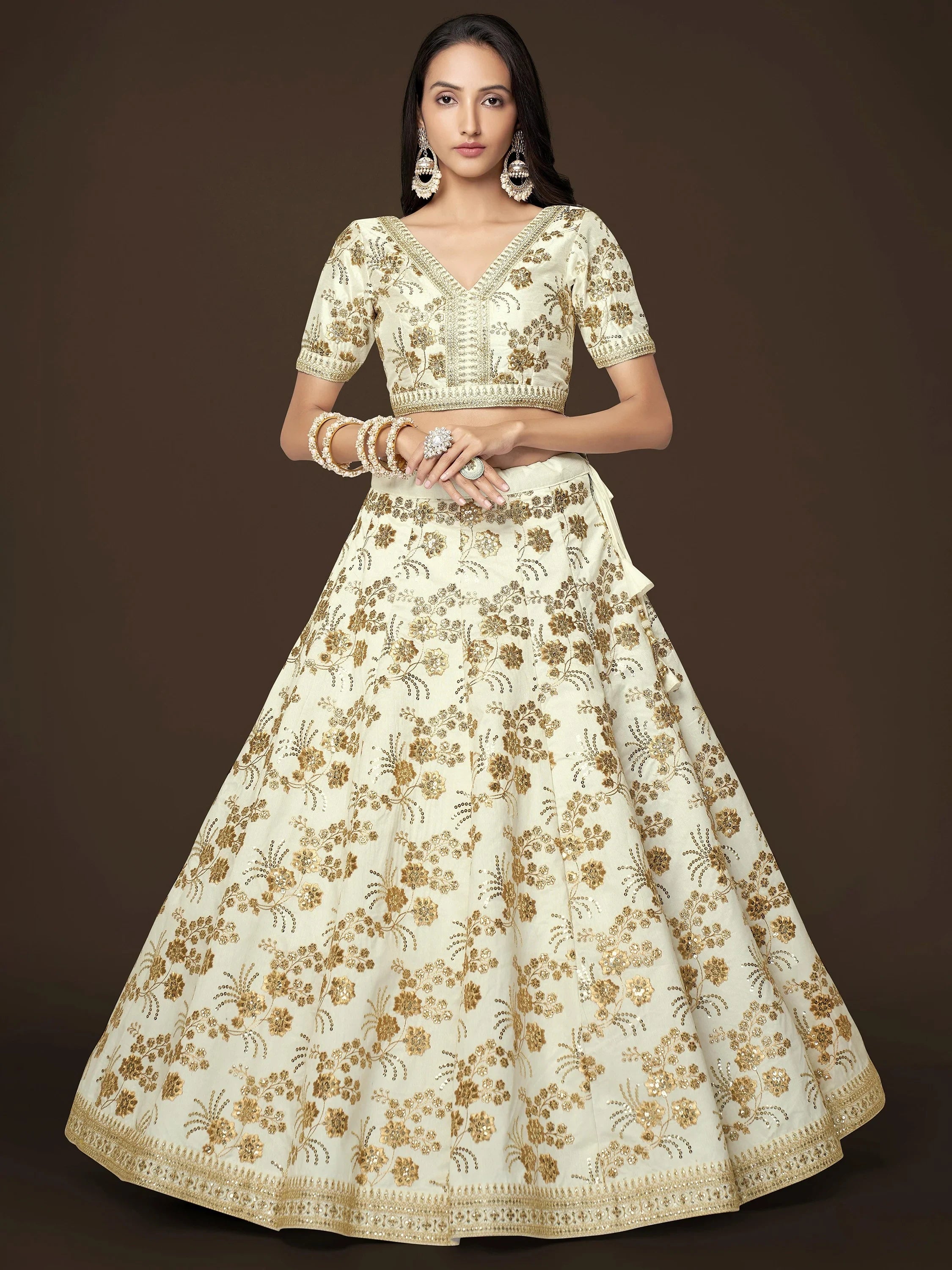 Cream Alluring Zari Work Engagement Wear Slub Silk Lehenga Choli