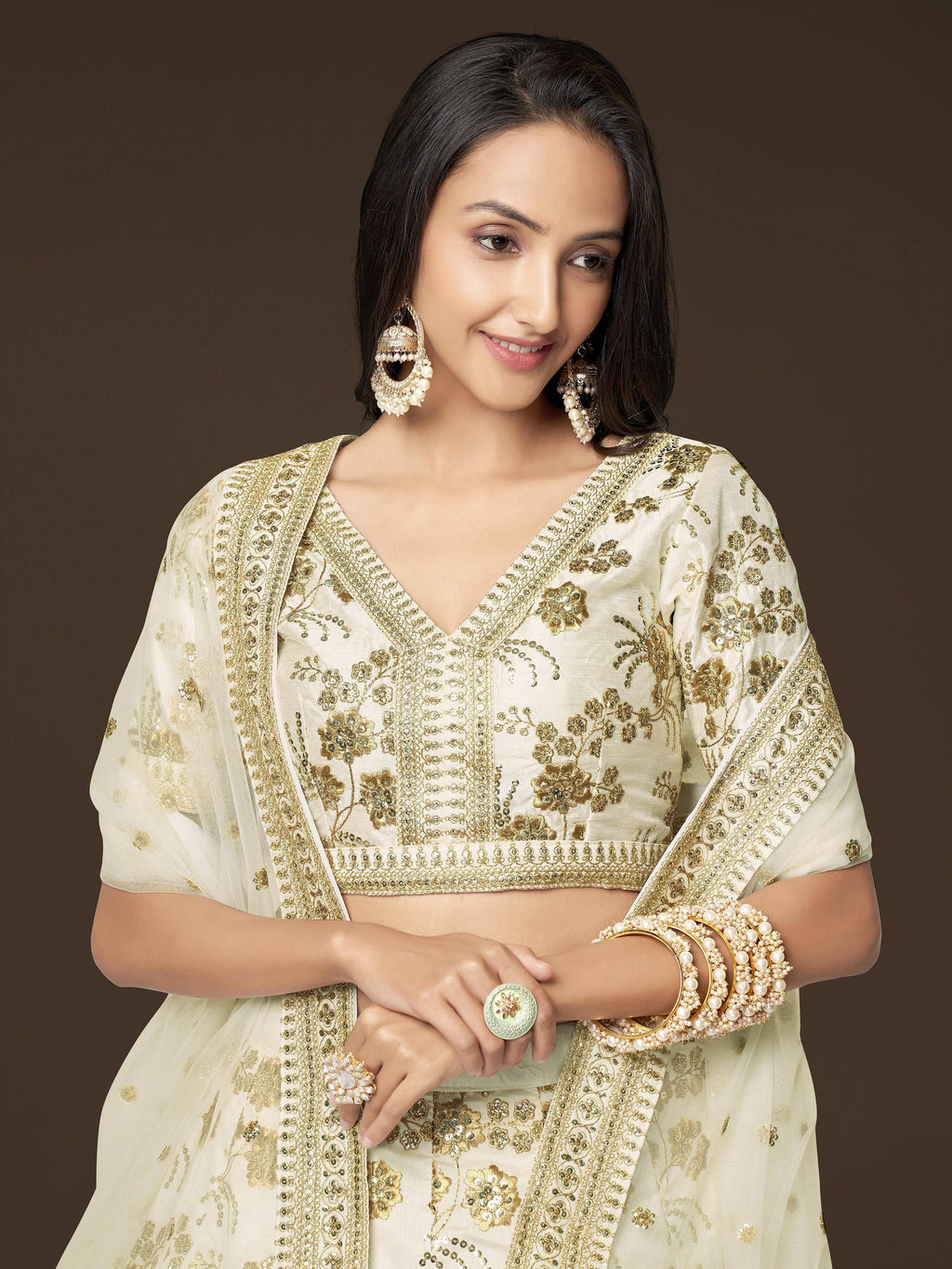 White Alluring Zari Work Engagement Wear Slub Silk Lehenga Choli