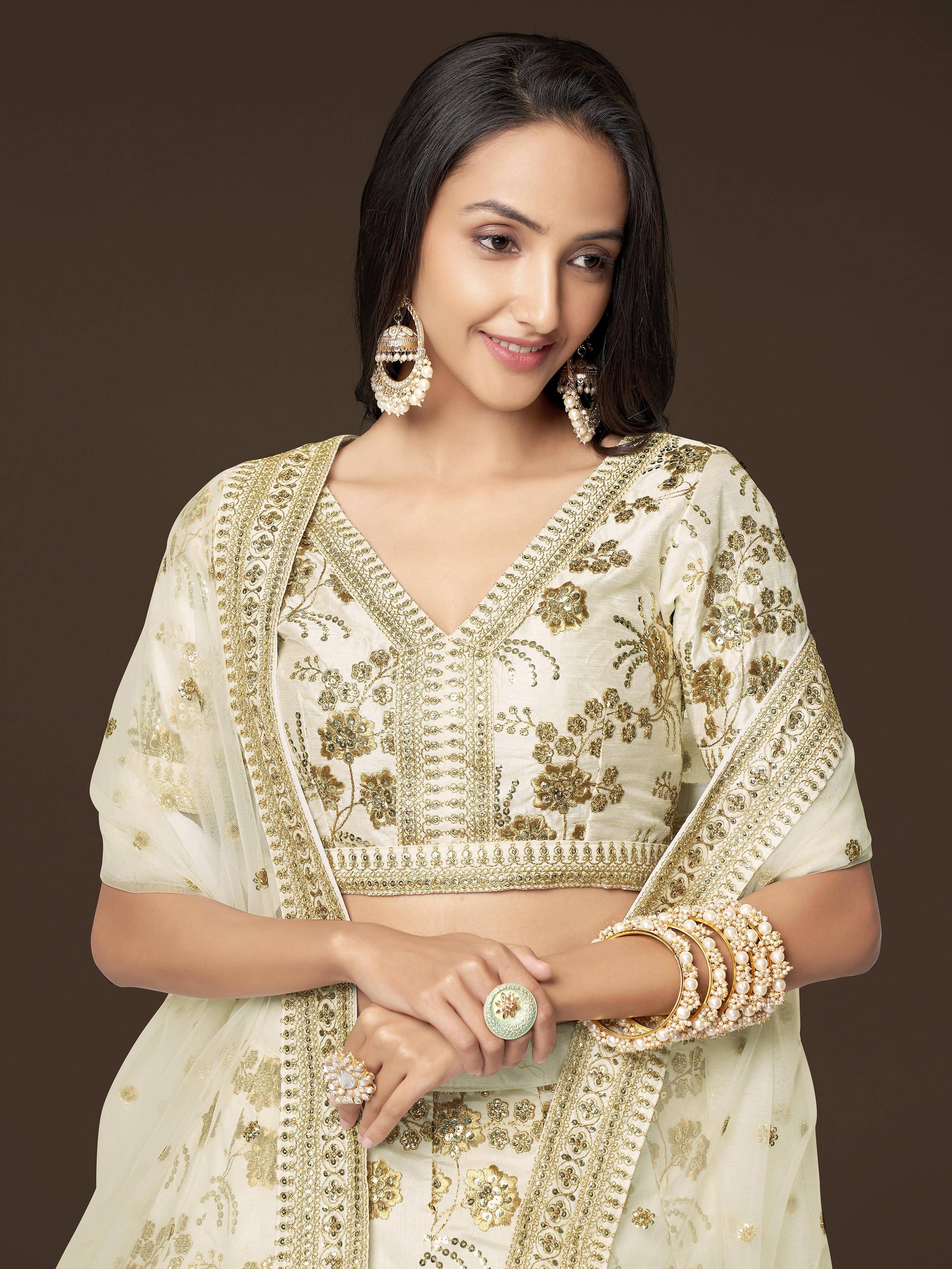 White Alluring Zari Work Engagement Wear Slub Silk Lehenga Choli