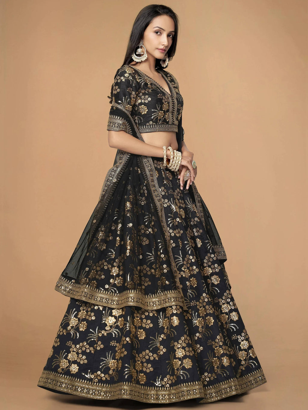Magnetic Black Sequins Work Slub Silk Reception Wear Lehenga Choli