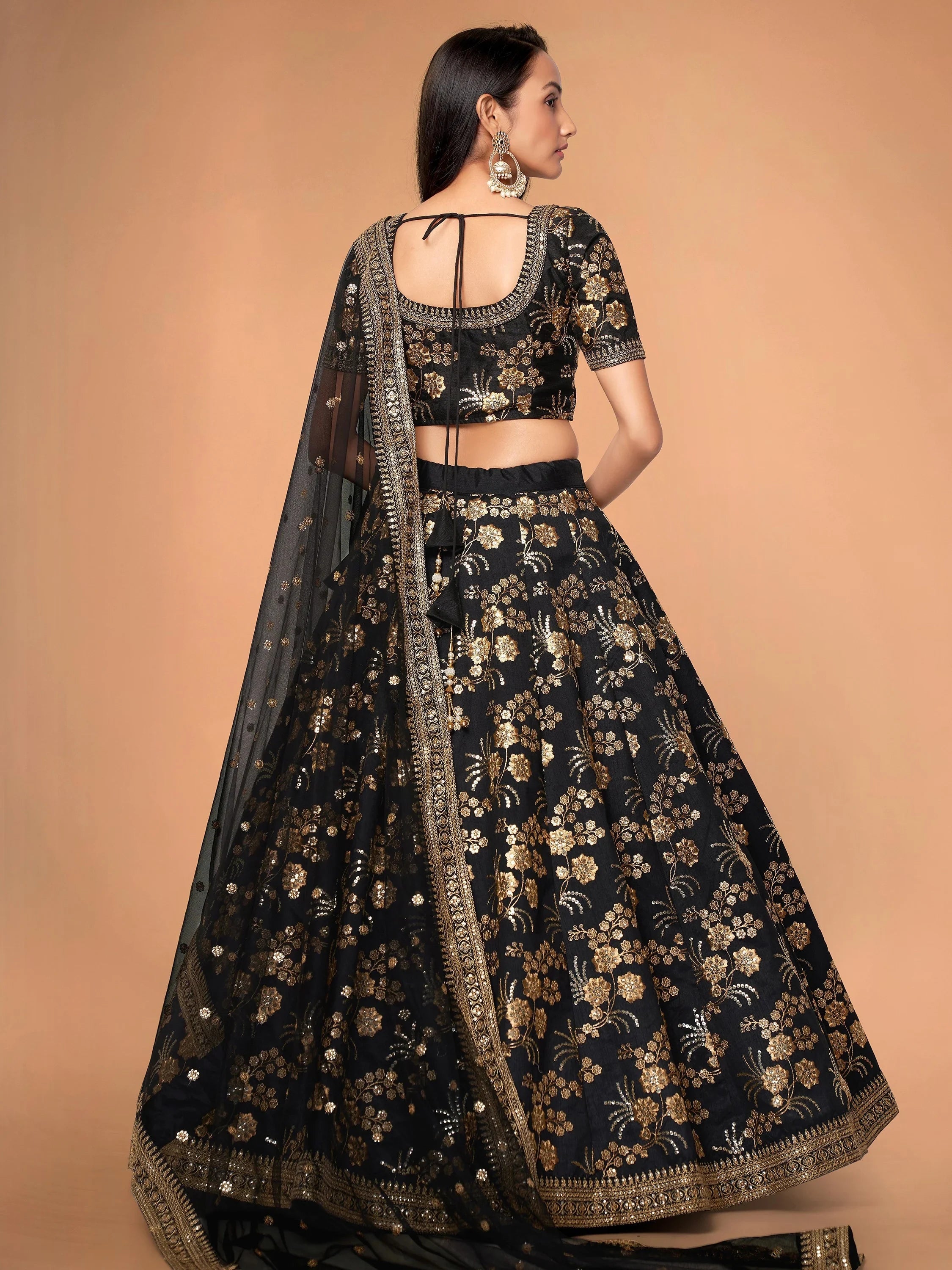 Impressive Black Embroidered Silk Function Wear Plus Size Lehenga Choli
