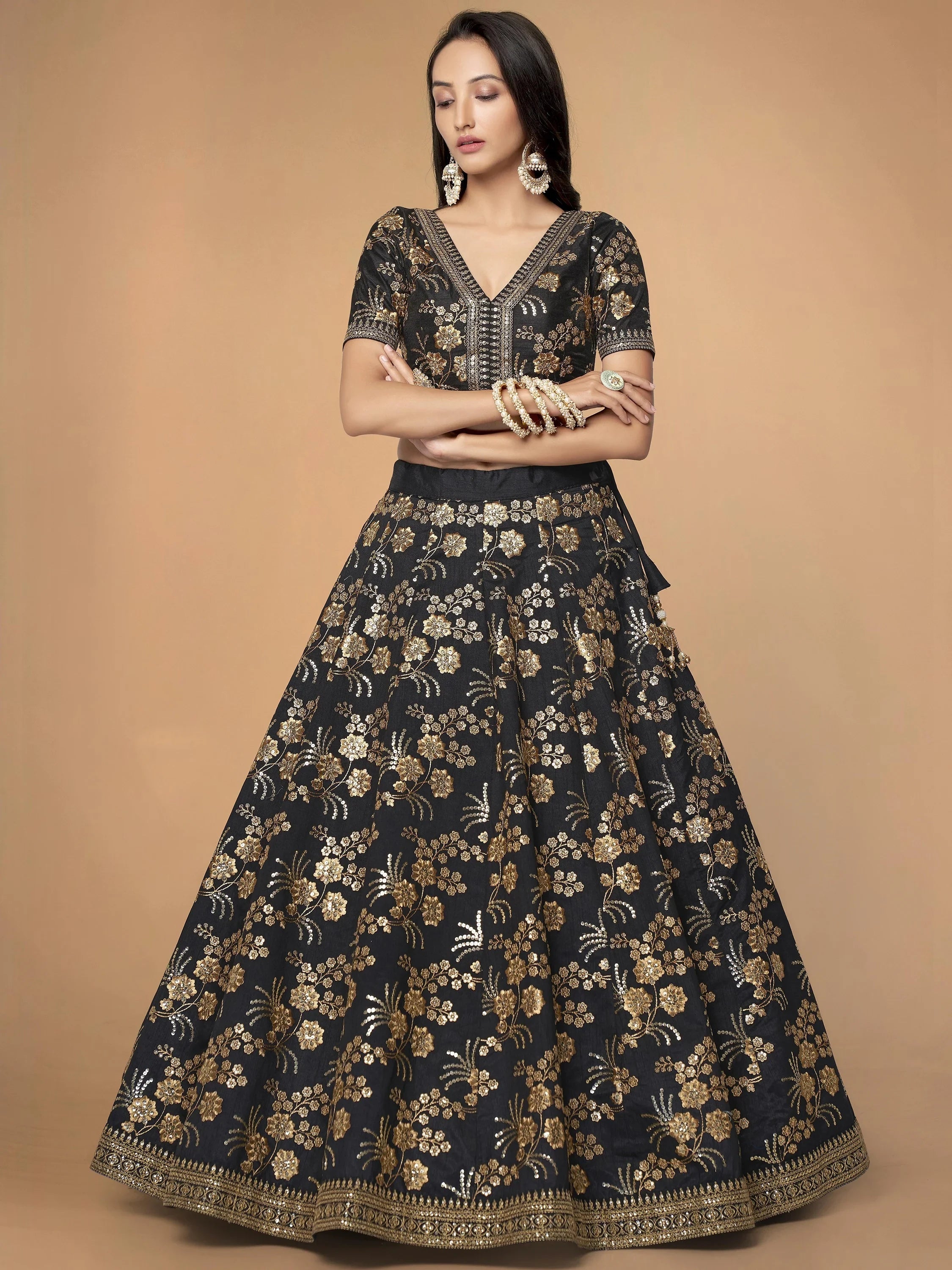 Impressive Black Embroidered Silk Function Wear Plus Size Lehenga Choli