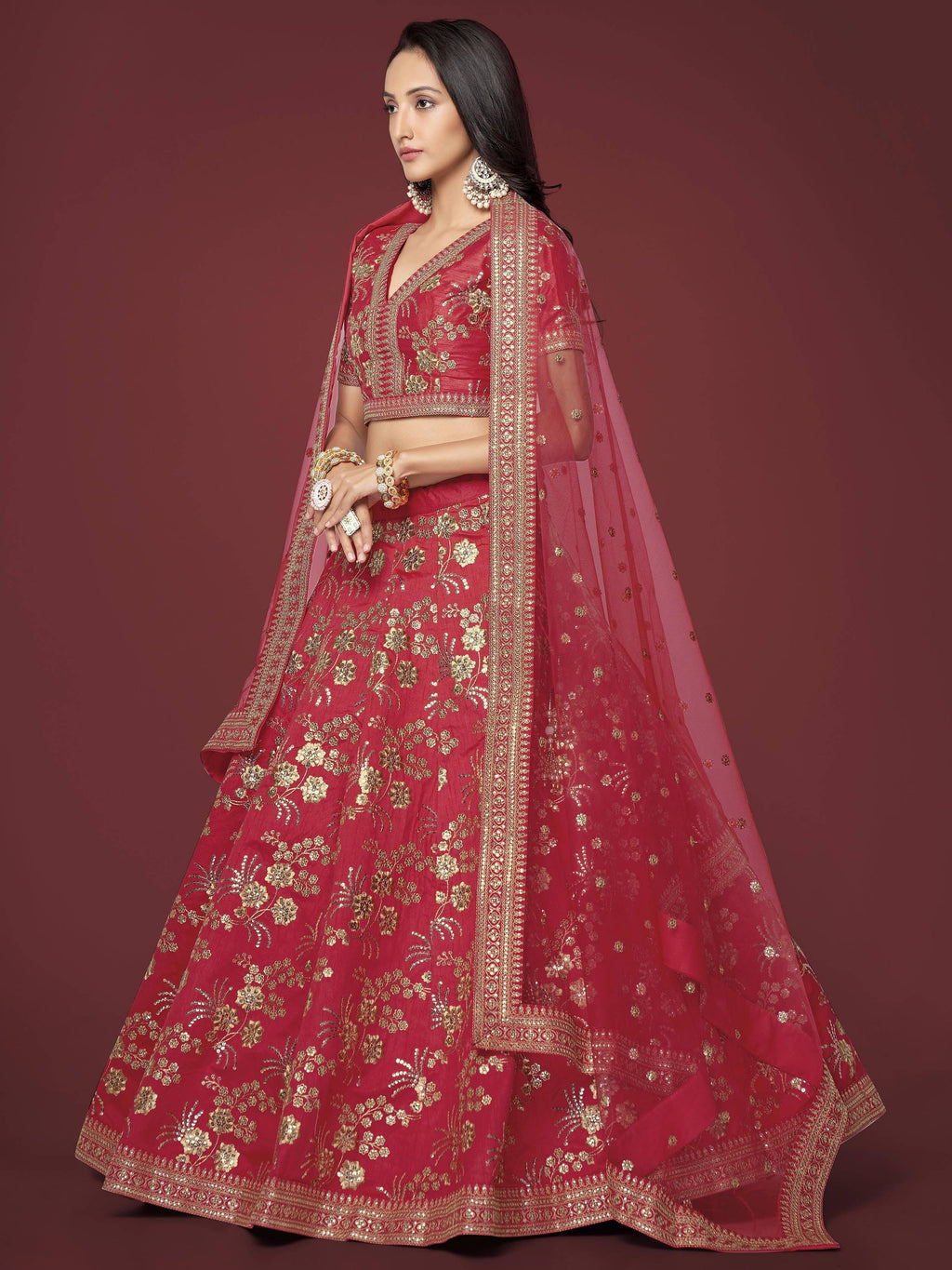 Red Bewitching Zari Work Slub Silk Wedding Wear Lehenga Choli