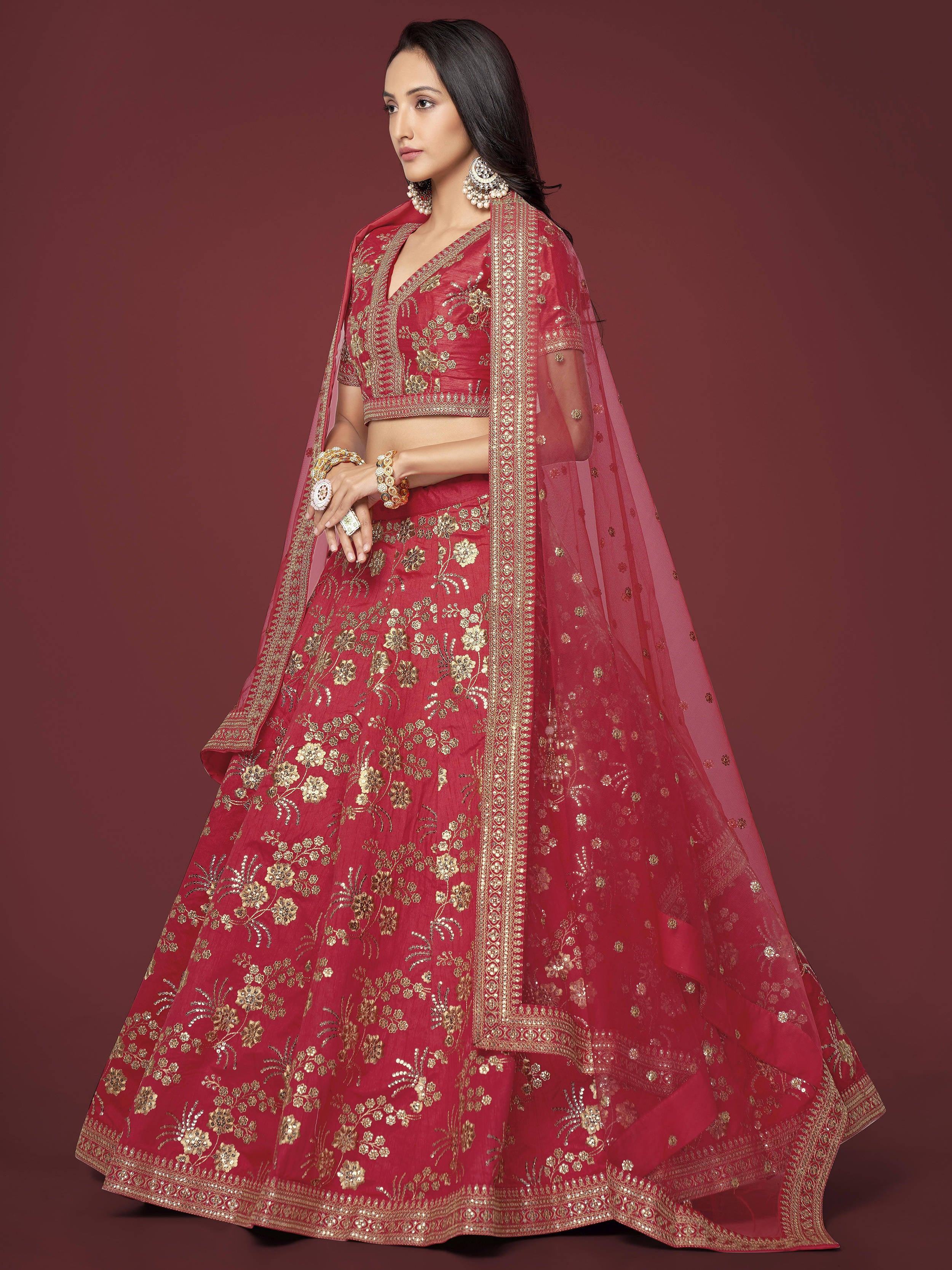 Red Bewitching Zari Work Slub Silk Wedding Wear Lehenga Choli