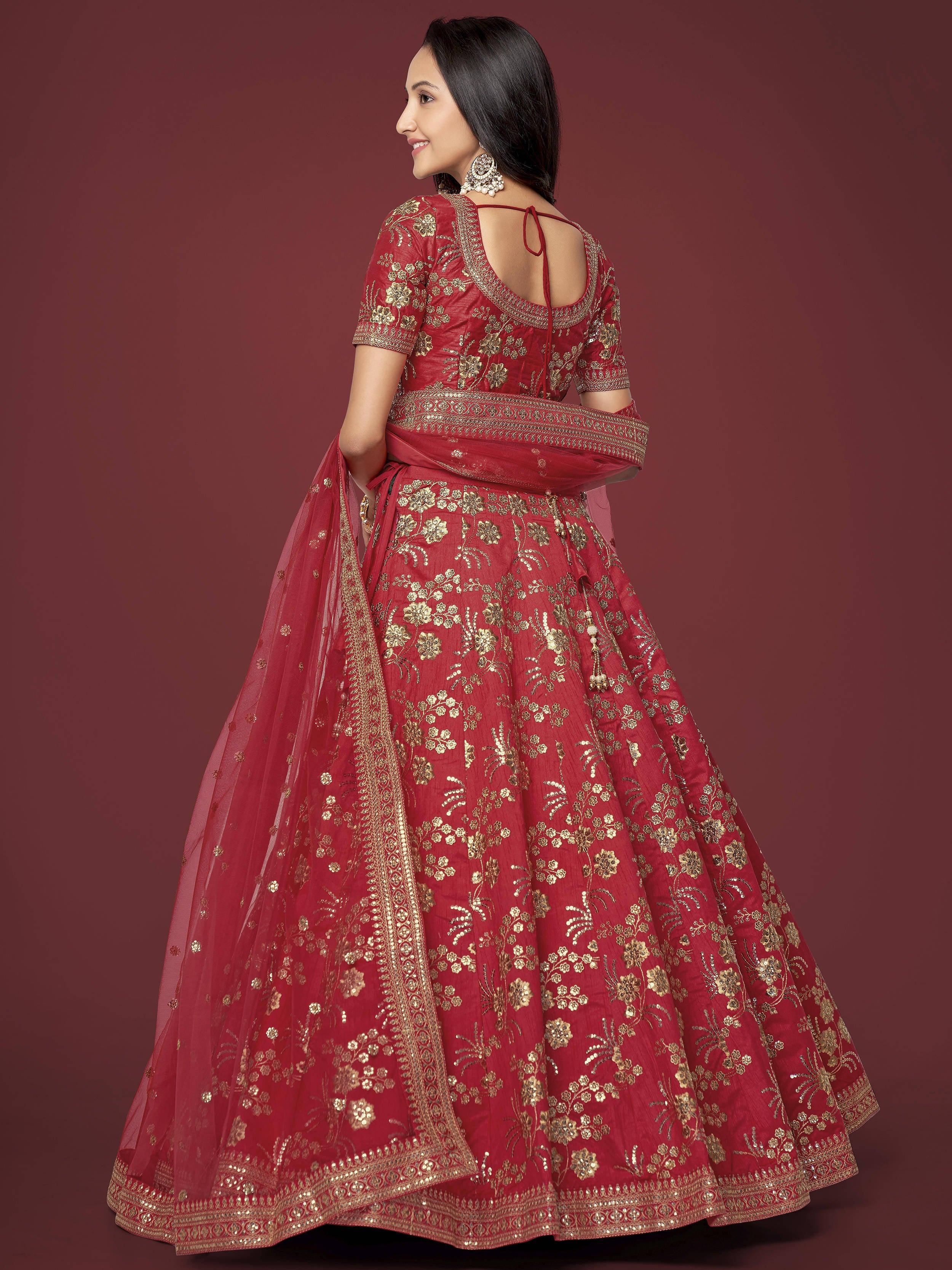 Red Bewitching Zari Work Slub Silk Wedding Wear Lehenga Choli