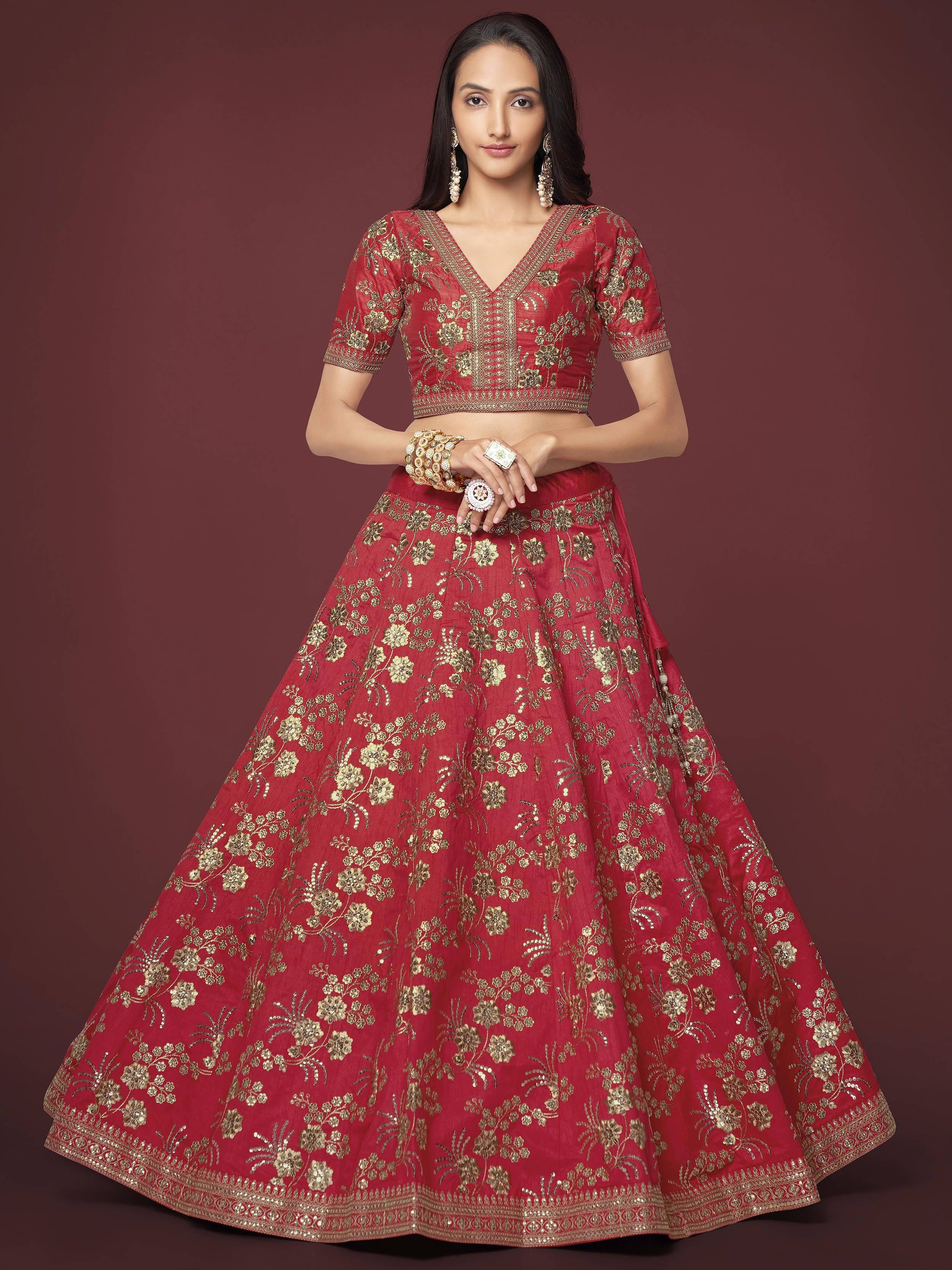 Red Bewitching Zari Work Slub Silk Wedding Wear Lehenga Choli